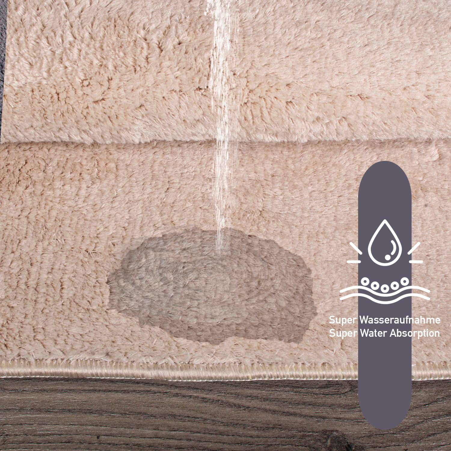 Beige rutschfeste Badematte Set 2er (80x150 cm) + (50x80 cm)| Plüsch Badteppich | Weiche Bad- und Duschvorleger | Maschinenwaschbar, Schnell Trocknend Badvorleger Relax