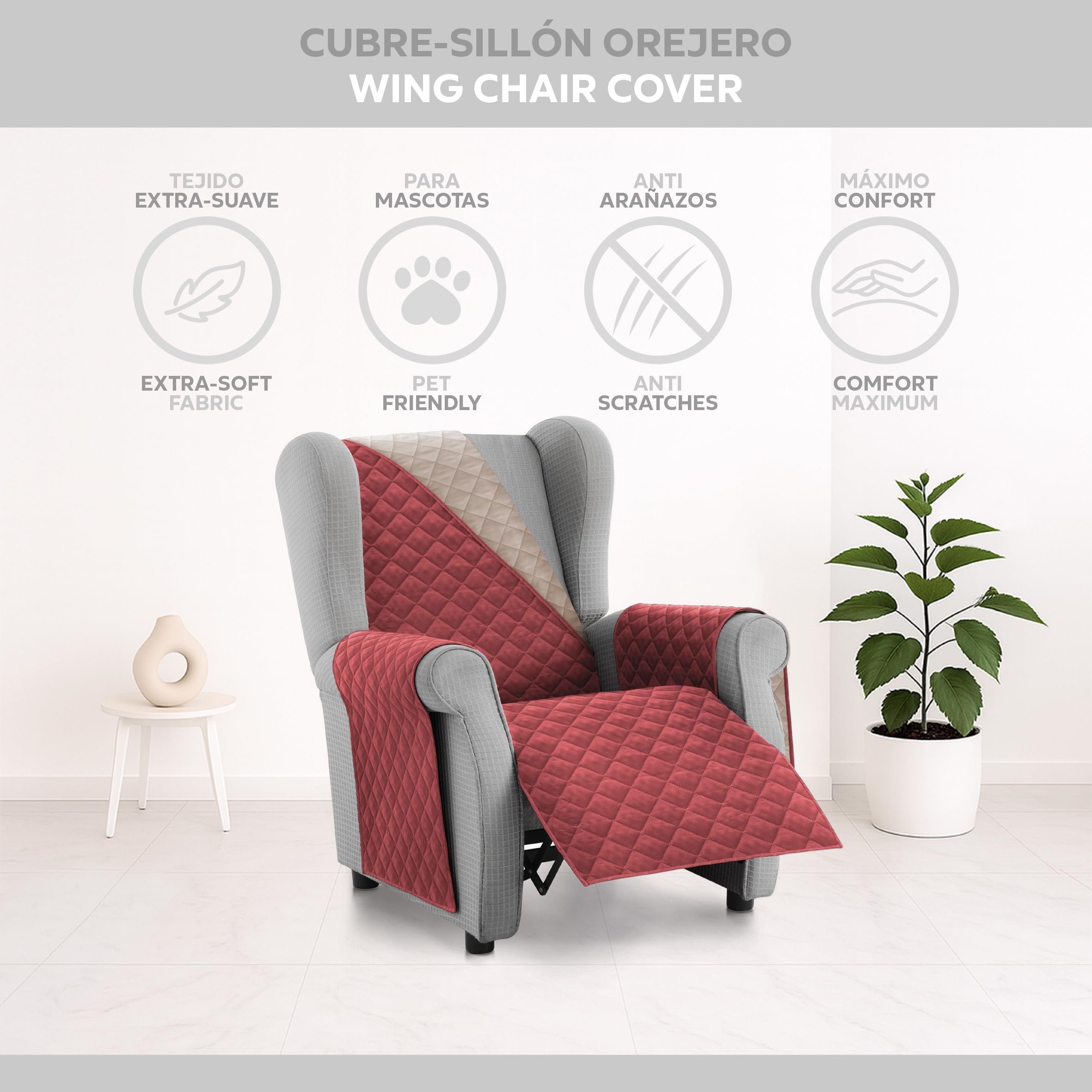 Textilhome Copridivano Malu 1 Posti con Braccioli – Copripoltrona Relax e Orecchioni Reversibile, Imbottito, Protezione Antigraffio per Divani, Colore Rosso