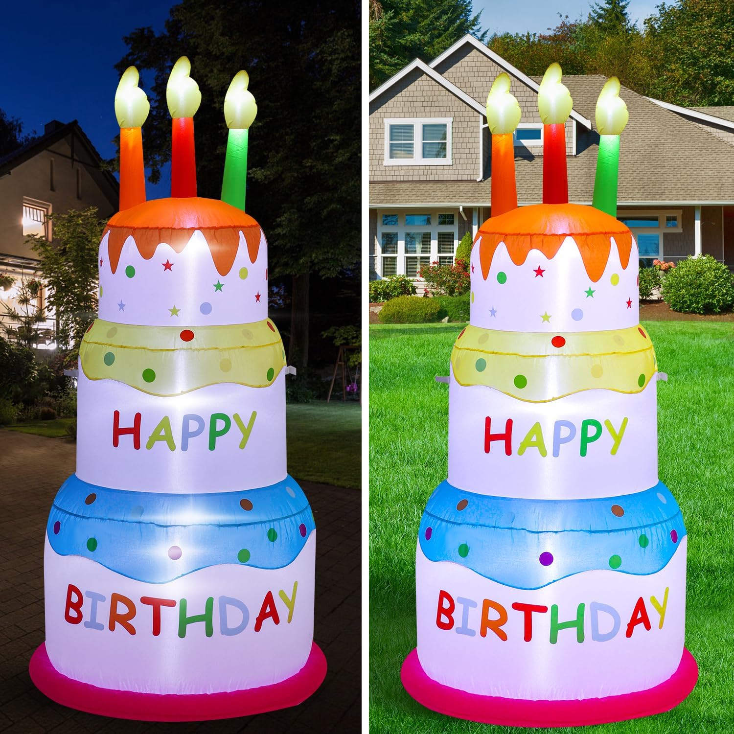 6ft Birthday Cake Party Outdoor Inflatable Decoration, Outdoor Inflatable Decoration with LDE Lights, Birthday Inflatable Decoration for Garden, Patio, Lawn