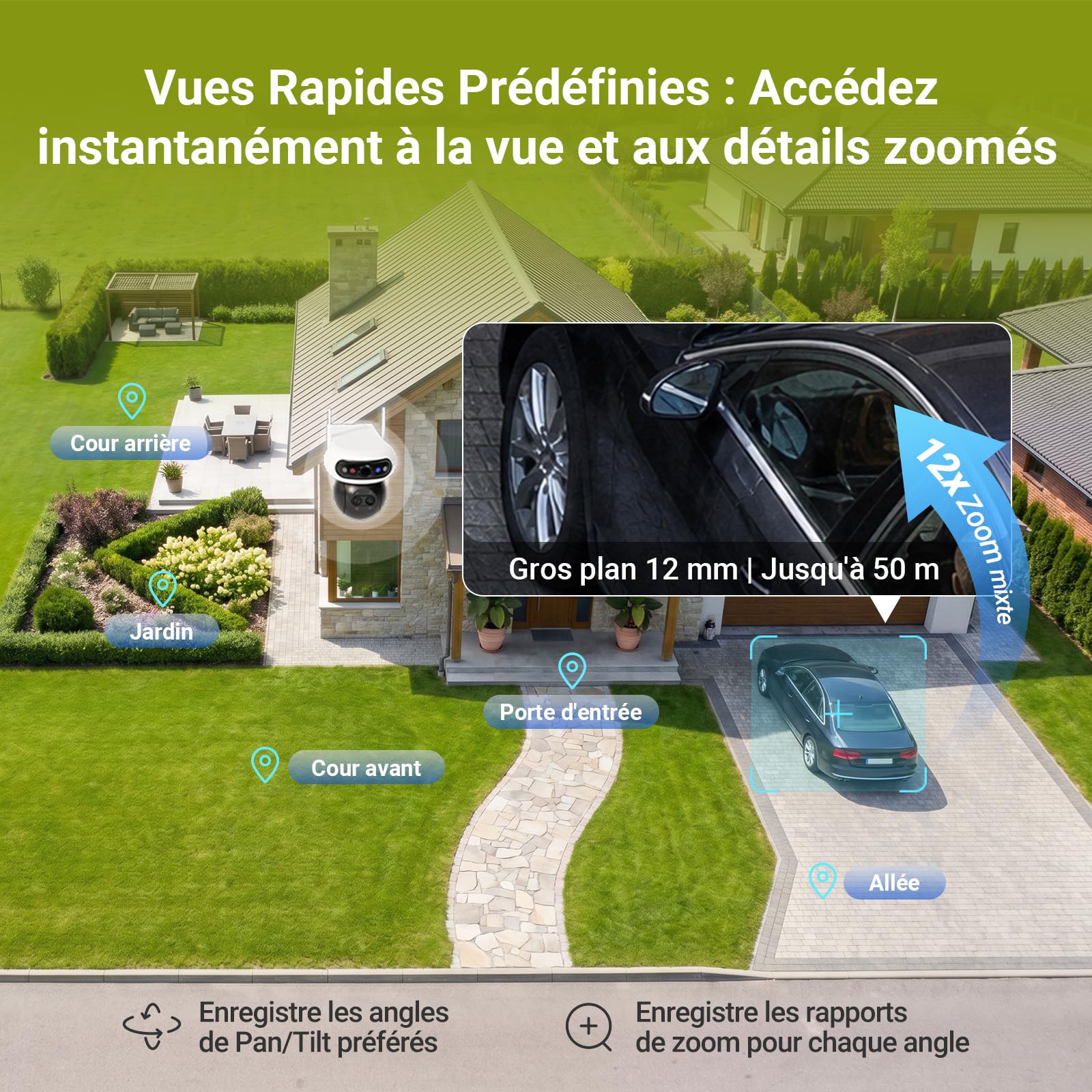 EZVIZ 3K(5MP) x 3 Caméra de Surveillance Extérieure Wi-FI à Triple Objectif, Reconnaissance Faciale Locale, Zoom Hybride x 12, Détection Personne/Véhicule, Vue Nocturne Couleur, Couverture 360°, C90f