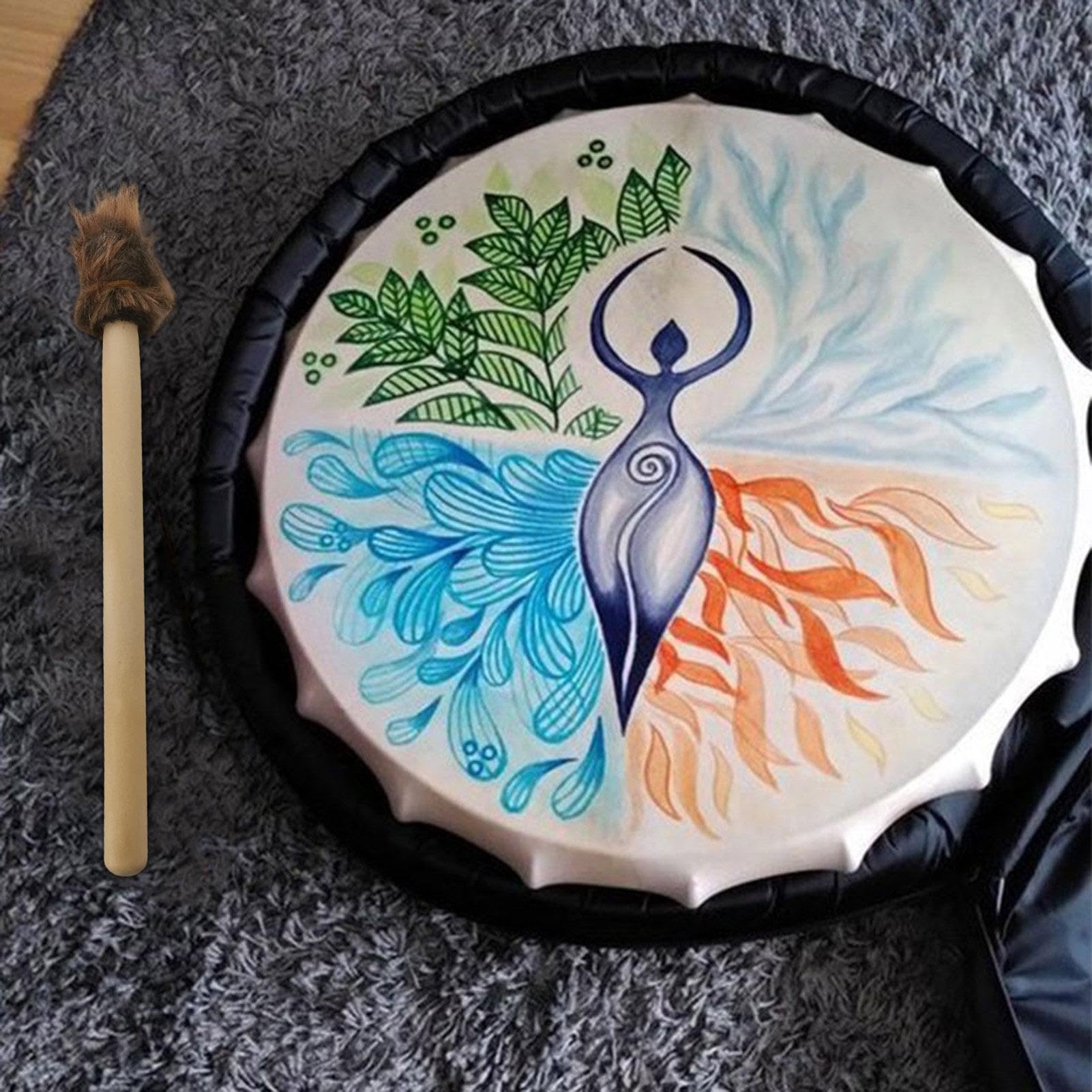 Schamanentrommel mit Drumstick, Göttin, spirituelle Musik, Baum-des-Lebens-Dekoration, handgefertigt, schamanische Trommel, Symbol der sibirischen Trommelgeist-Musik für Zuhause, 25 x 5 cm