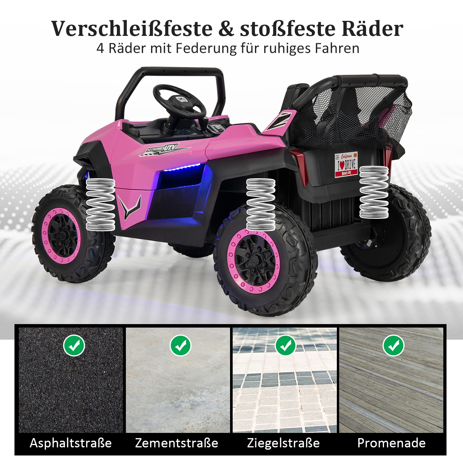 COSTWAY 2-osobowy samochód dziecięcy z pilotem zdalnego sterowania 2,4 G, 12 V, UTV dla dzieci z muzyką i reflektorem, Auto 2-4 km/h, dla dzieci od 3 lat (różowy)