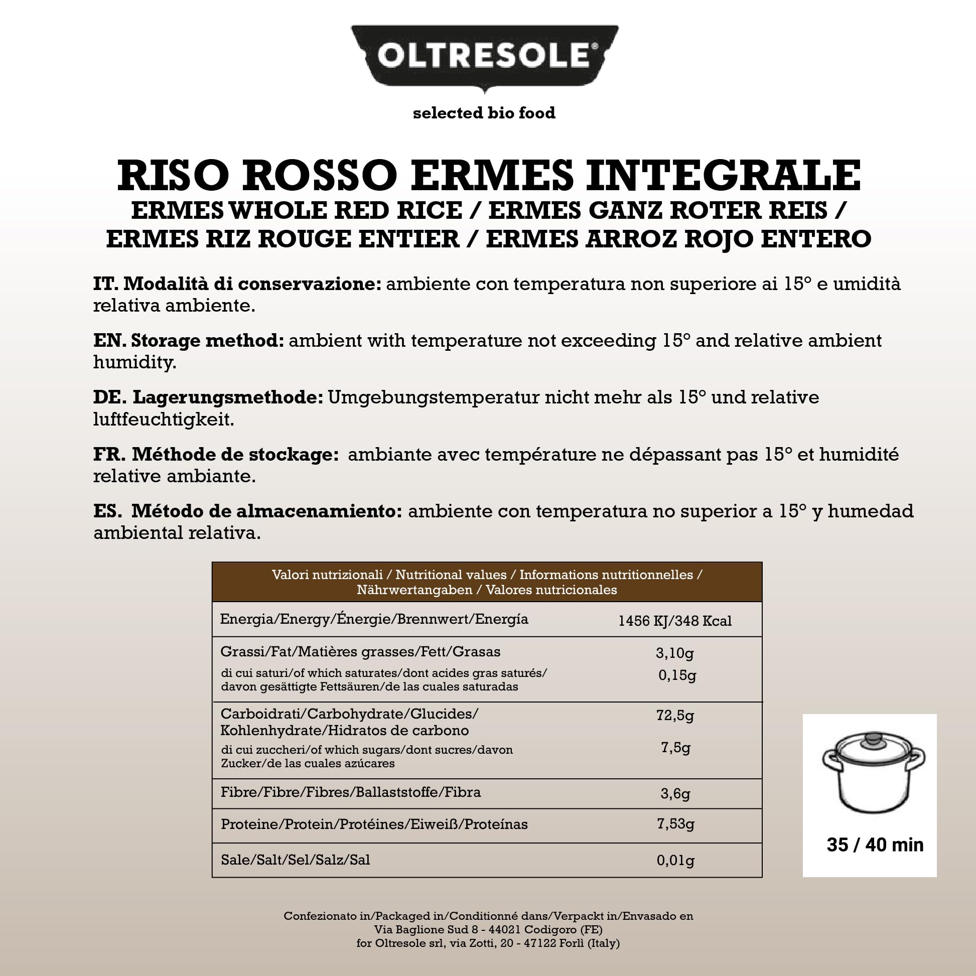 Oltresole - Riso Rosso Ermes Integrale Artigianale Italiano - riso non raffinato ad alta quantità di fibre, adatto per insalate di riso creative, confezione da 4 Pacchi da 500 g sottovuoto