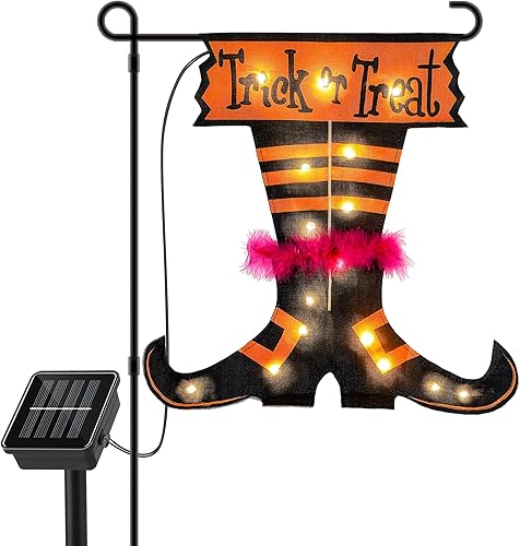 Luces de bandera graduadas de Halloween sin asta de bandera, bandera de patas de bruja de doble cara de 17.1 x 17.2 pulgadas, 16 luces LED blancas