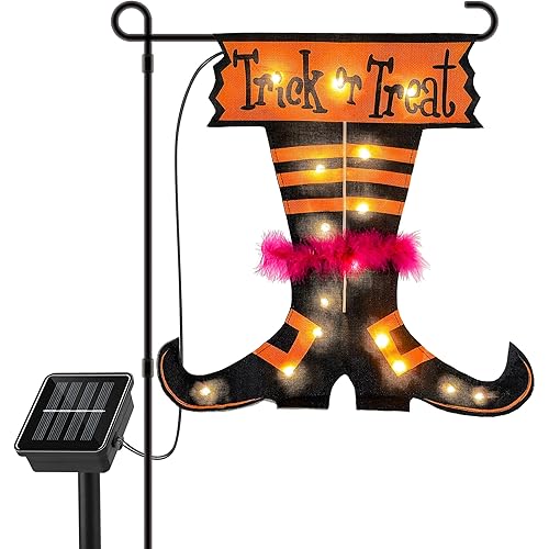 Halloween Trick Or Treat Graden Flag lights without flag pole, Double Sided Witch Feet Flag Banner 17.1*17.2Inch ,16 Warm White LED with 8modes Solar Panel, Decorations for Outdoor,Yard ,Home
