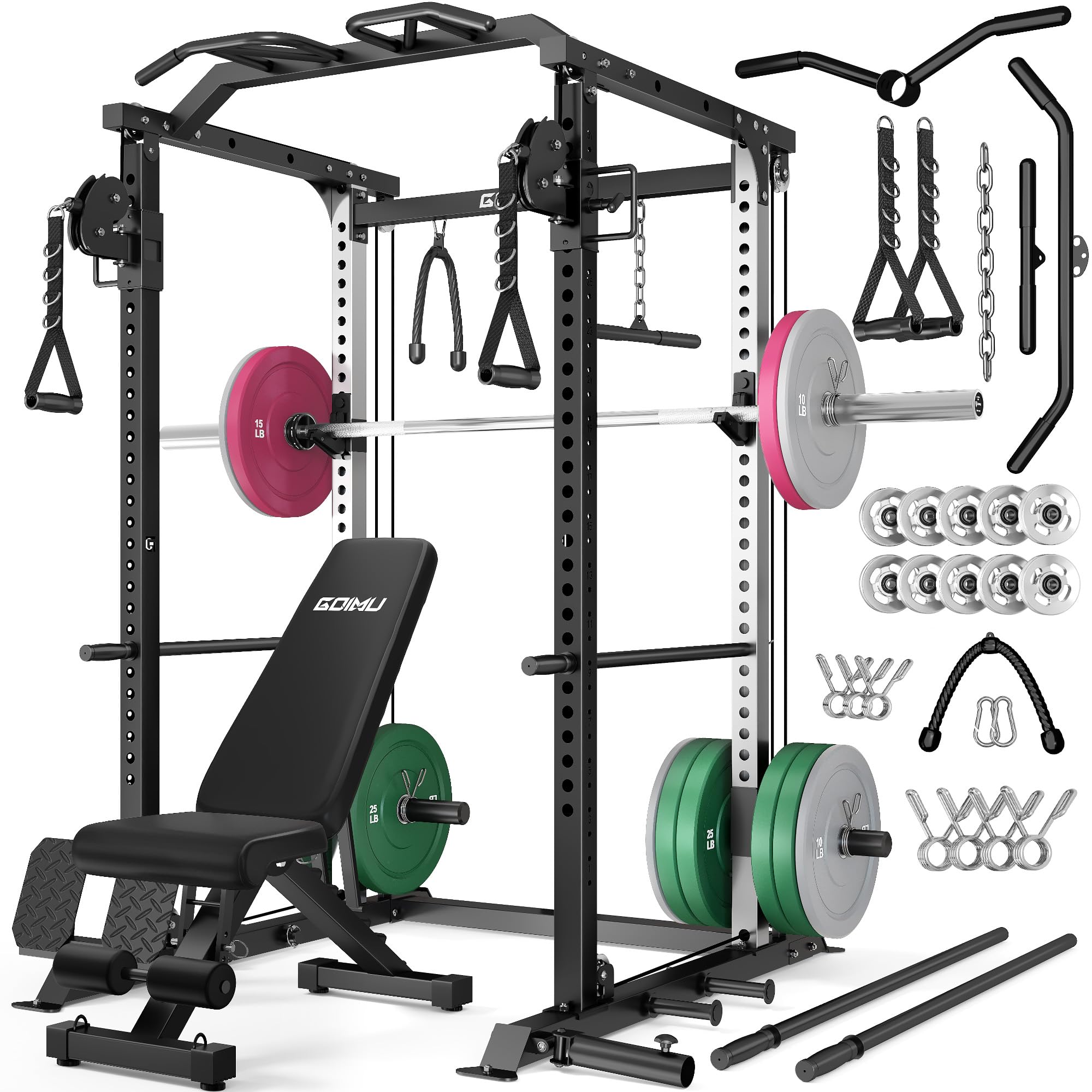 DP01 Power Cage, 2000LBS Squat Rack with Cable Crossover and Dual Independent Pulley System, Full Cage for Full Body Training, Power Rack with More Training Attachments for Home Gym
