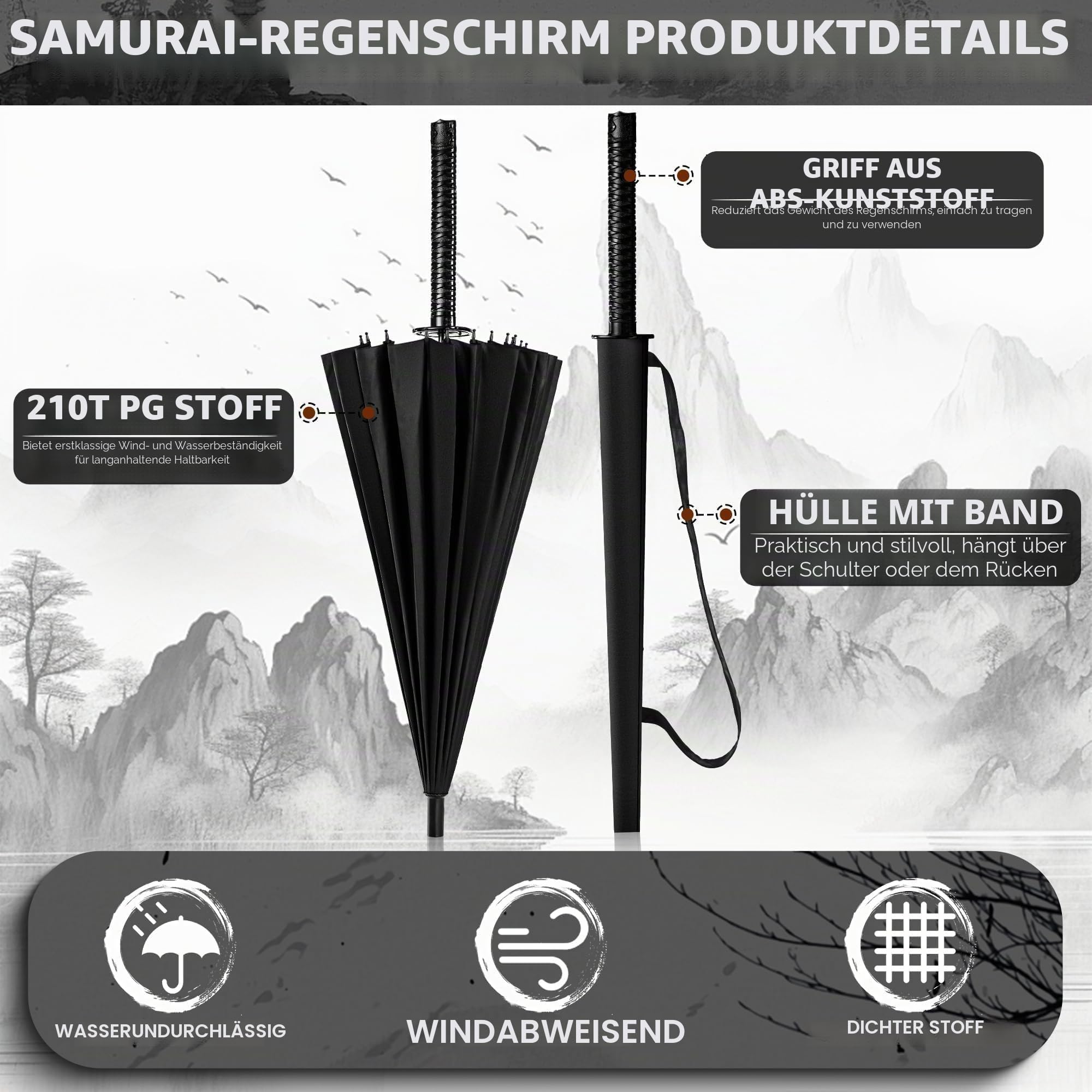 Moontay Langer Griff Regenschirm Samurai Schwert-Design Outdoor Reise Sonne & Regen Winddicht Wasserdicht Sturmfest Anime schwarz gerade 16 oder 24 Rippen Metall unisex leicht