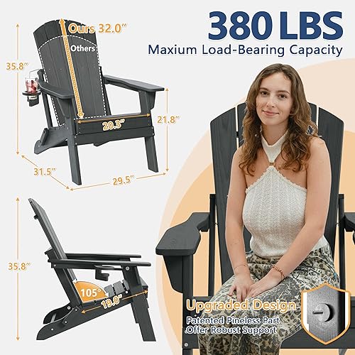 Miniatura 2 de Juego de 2 sillas plegables Adirondack con soporte para tazas, de plástico HDPE resistente a todo tipo de clima, sillas de patio al aire libre,