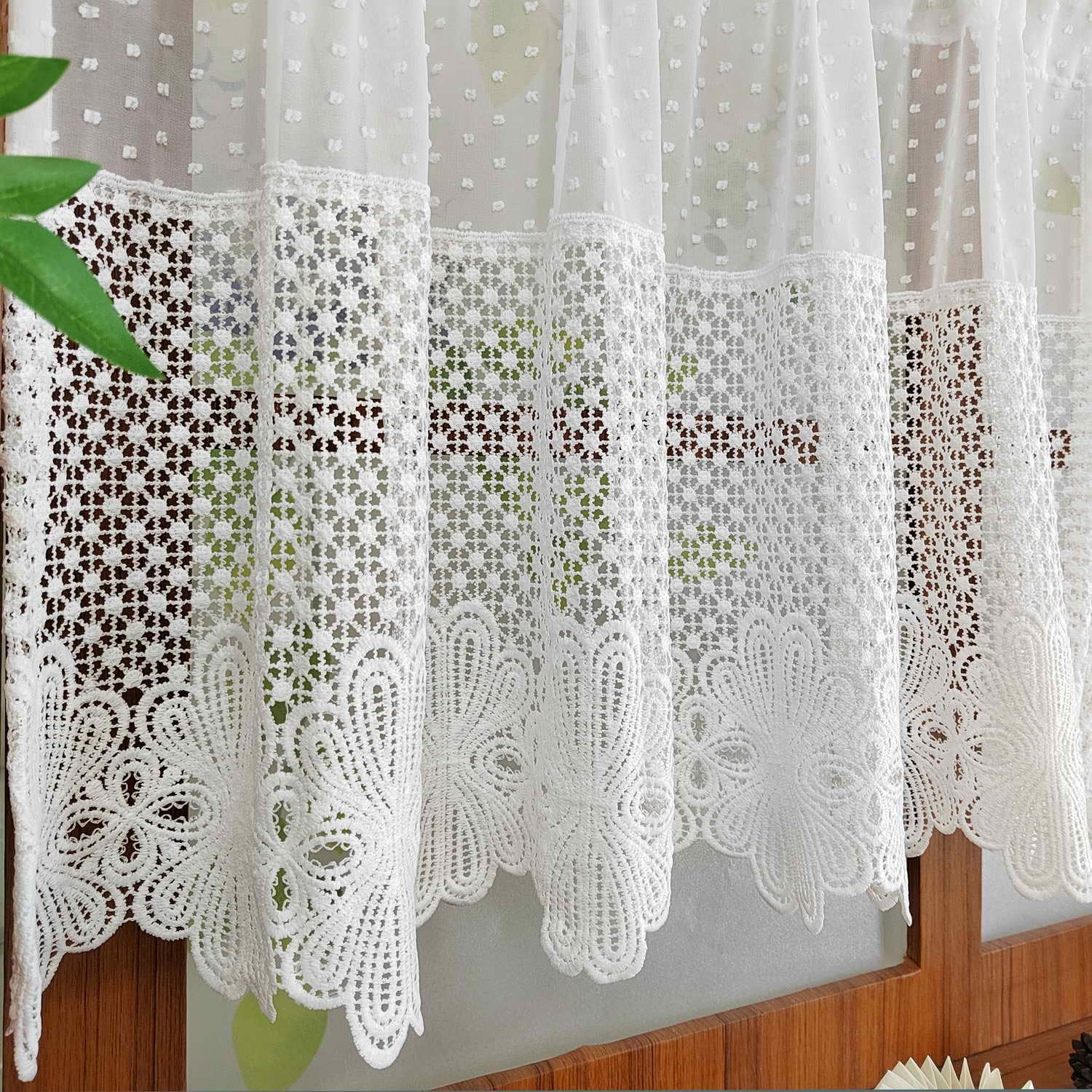 Elegant White Lace Sheer Valance Pom Pom for Kitchen Boho Pompom Decor Textured Tier Half Cafe Bathroom Floral Short Curtain Dining Room Rod Pocket 2 Panels (W55 X L35 INCH,White,2)