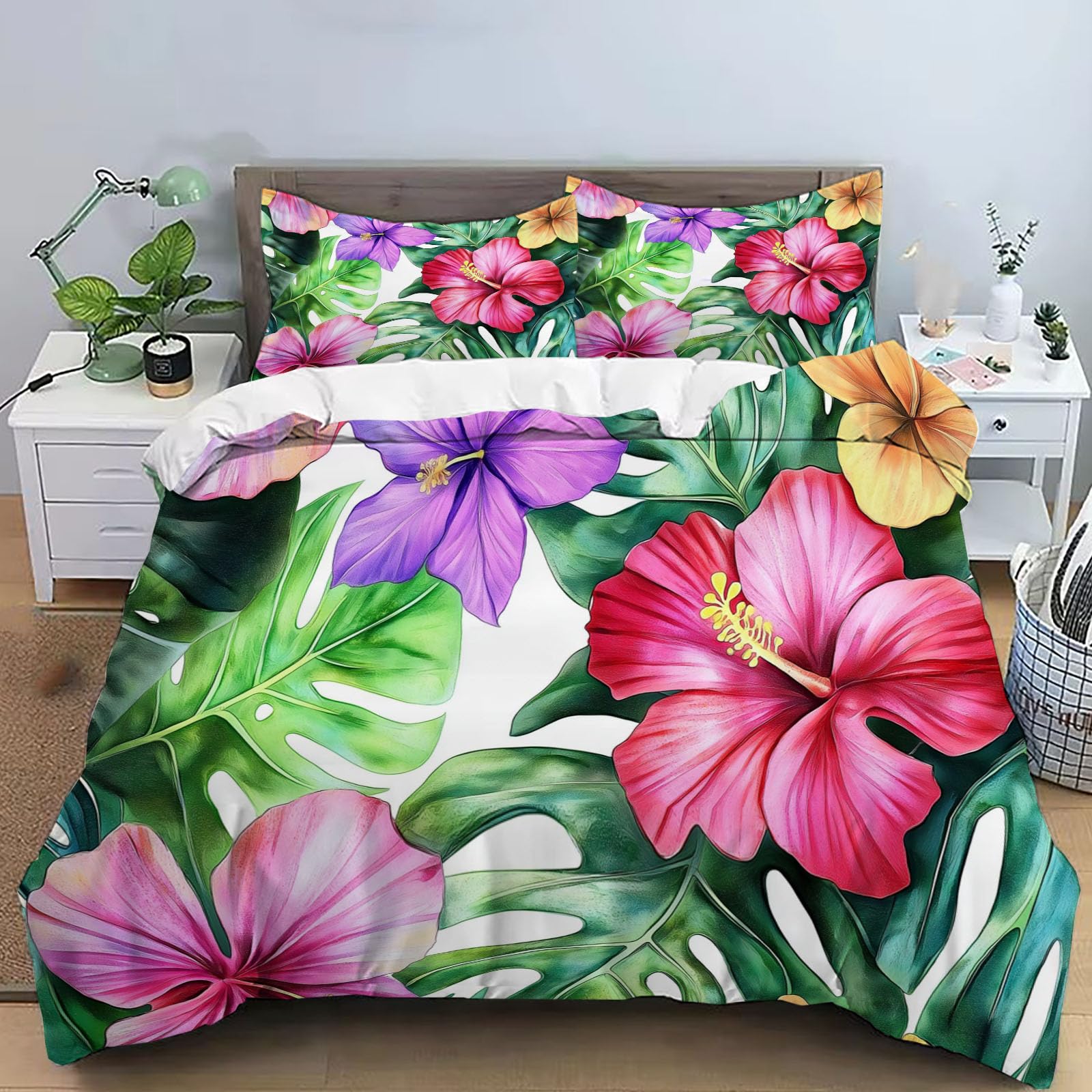 Housse de couette blanc vert fleurs d'hibiscus en microfibre haut de gamme