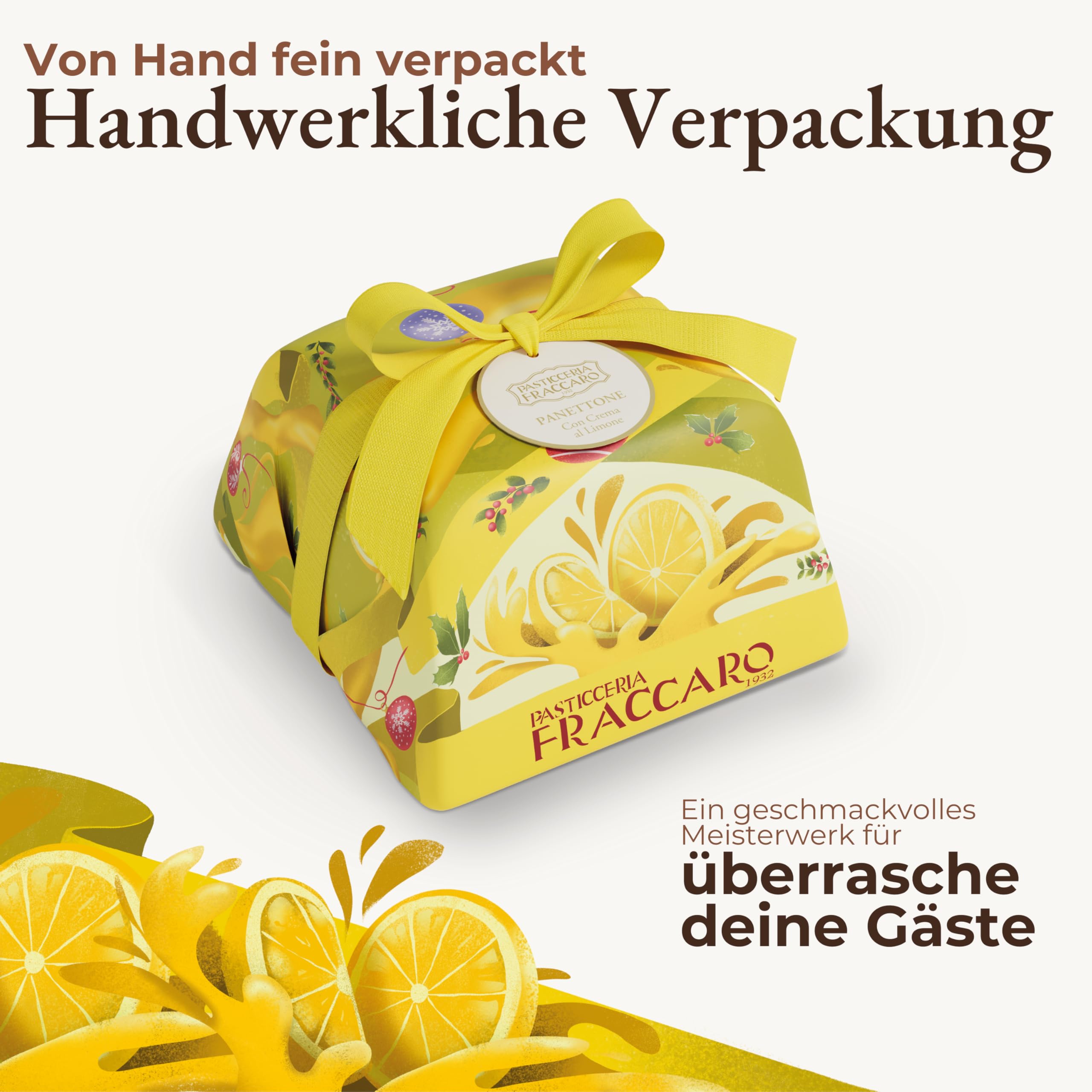 Handwerklicher Panettone gefüllt mit Limoncello-Creme (750 g), Pasticceria Fraccaro 1932 – ohne kandierte Früchte und Rosinen, mit Mutterhefe, handwerklich verpackt – Weihnachtsdessert Made in Italy