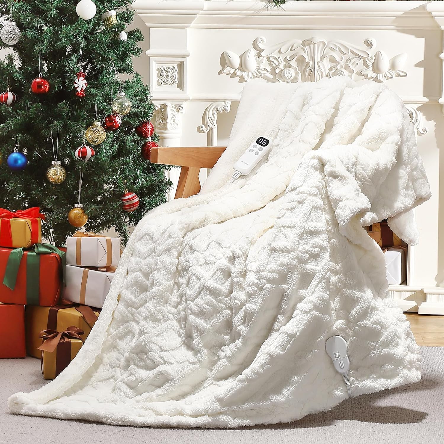 Electric Throw Blanket, Soft Flannel Heating Blanket with 6 Heating Levels & 4 Hours Auto Shut Off, 4 Time Setting Heated Throw Blanket, ETL Certified Lap Electric Blanket, White, 50"x60"