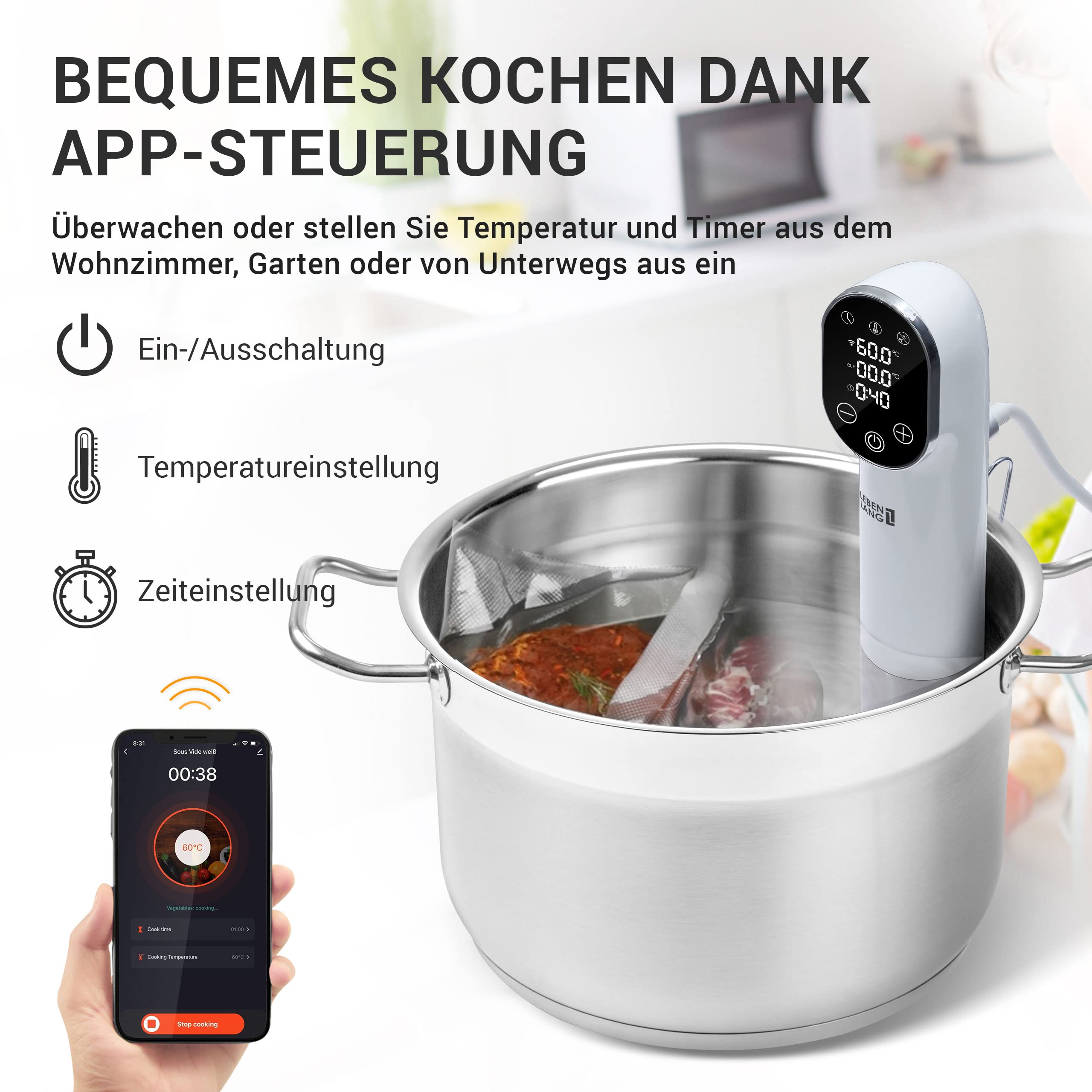 LEBENLANG 1200W Sous Vide Stick - Mit App-Steuerung I Edelstahl Su Vide Garen mit Timer für Fleisch Fisch Gemüse| Souvidestab Souse Garer | Susvide Sovit Souvidgarer Sou Vid Souc Vide Stab Stick
