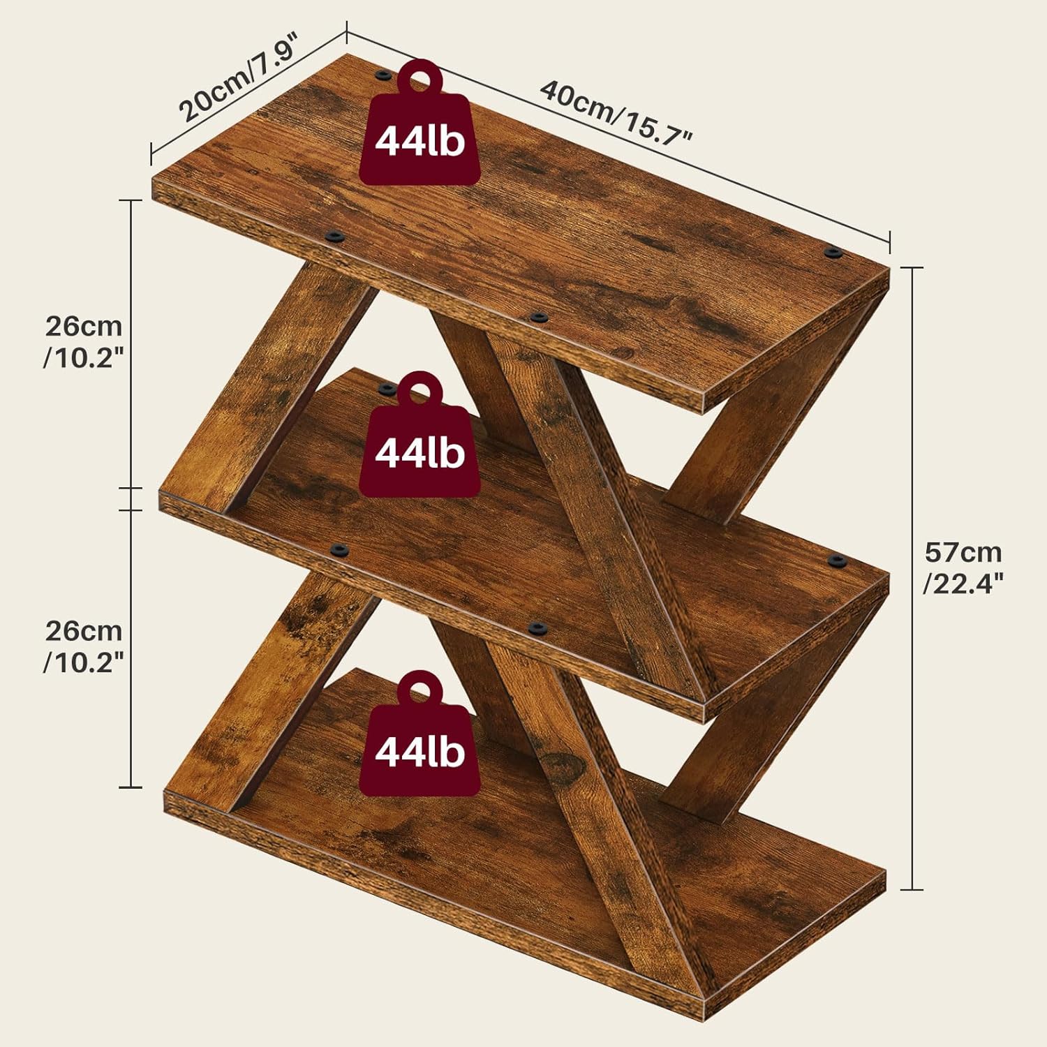 3 Tier Side Table with Side Guard Rails & Anti-Slip Pads, Narrow End Table for Small Spaces, Slim Nightstand with Storage Shelves for Bedroom, Living Room, Rustic Brown