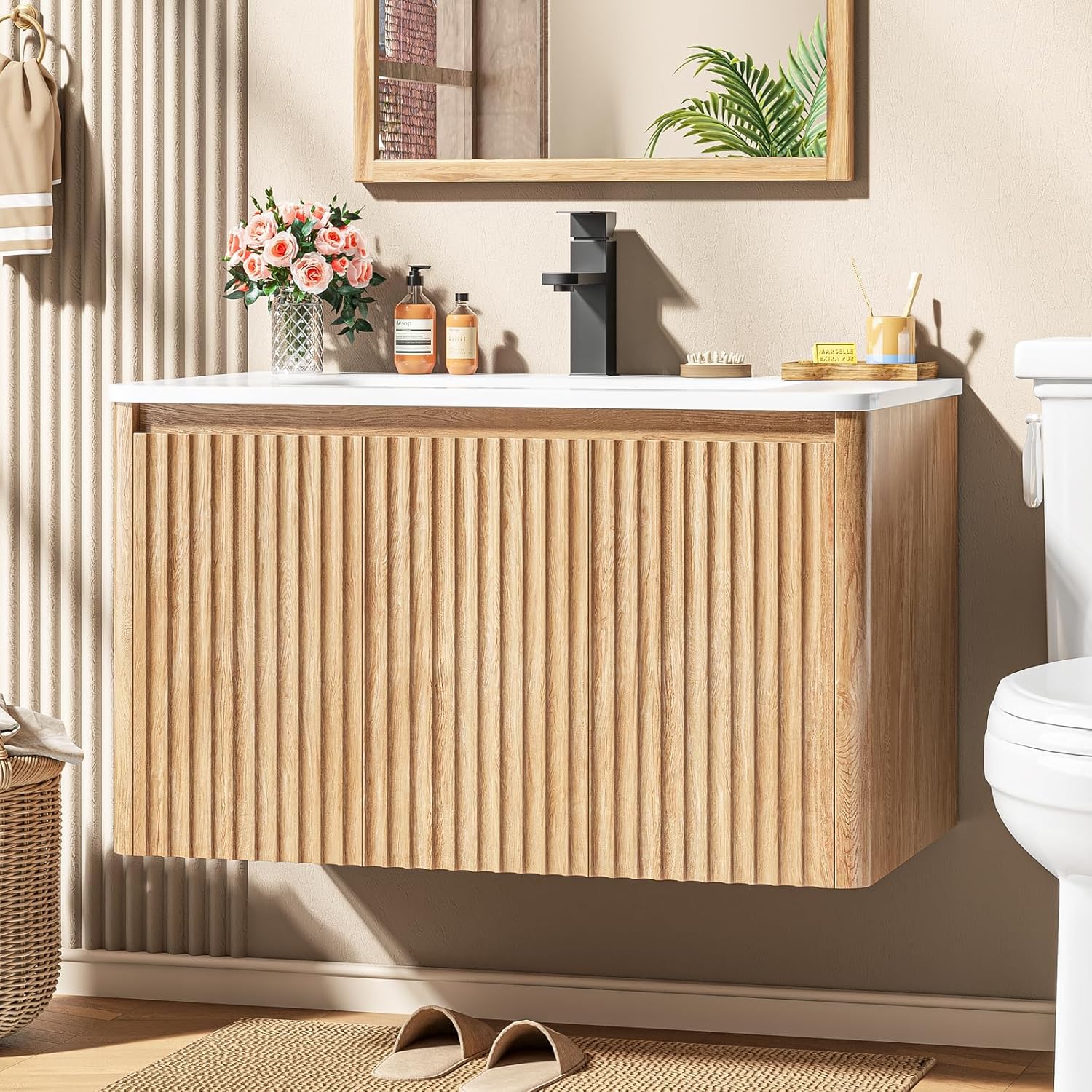 Vabches 30" Fluted Bathroom Vanity with Ceramic Sink Combo, Floating Modern Bathroom Vanity Cabinet with Soft-Closing Doors, Wall Mounted Wood Grain Vanity with Storage Cabinet, Oak