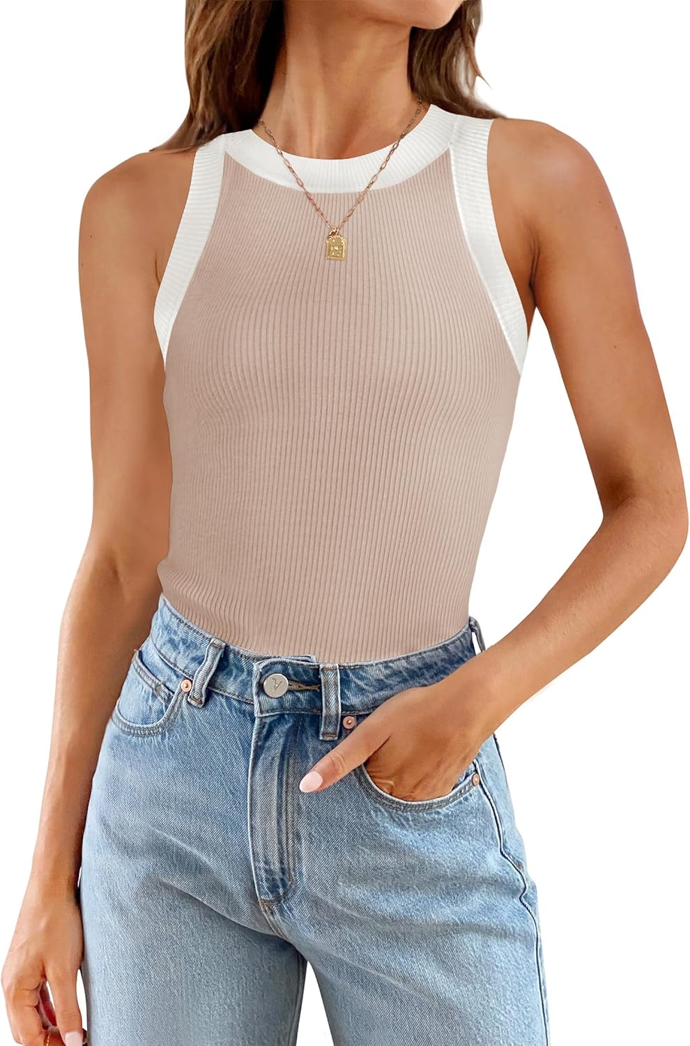 ZESICA Womens Summer Sleeveless Tank Tops Ribbed High Neck Racerback Slim Fitted Color Block Casual Shirts