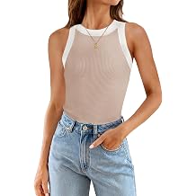 ZESICA Womens Summer Sleeveless Tank Tops Ribbed High Neck Racerback Slim Fitted Color Block Casual Shirts