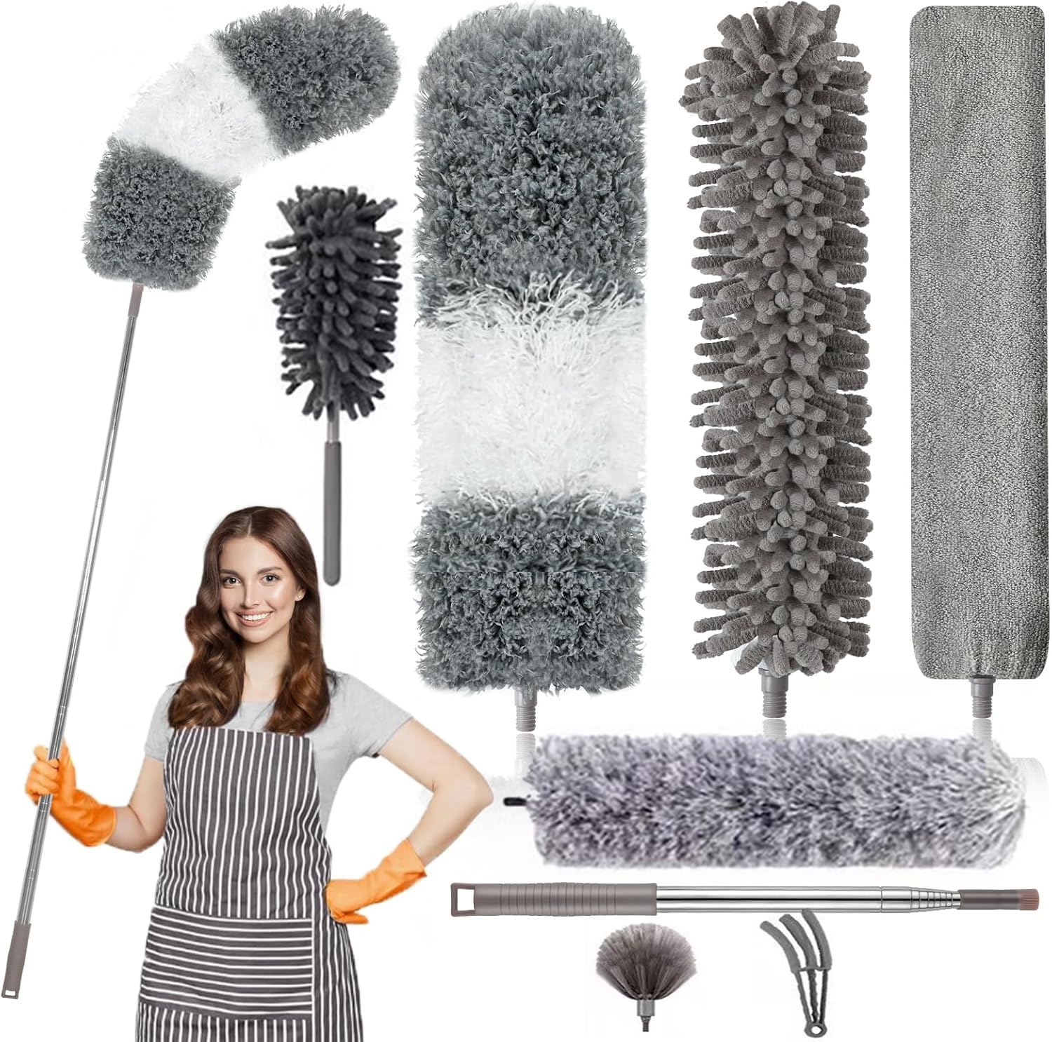 8PCS Cleaning Dusting Duster - Retractable Microfiber Gap Duster with Extension Pole 14 Inch to 82 Inch, Reusable Duster Kit for Cleaning High Ceiling Fans, Furniture, Blinds