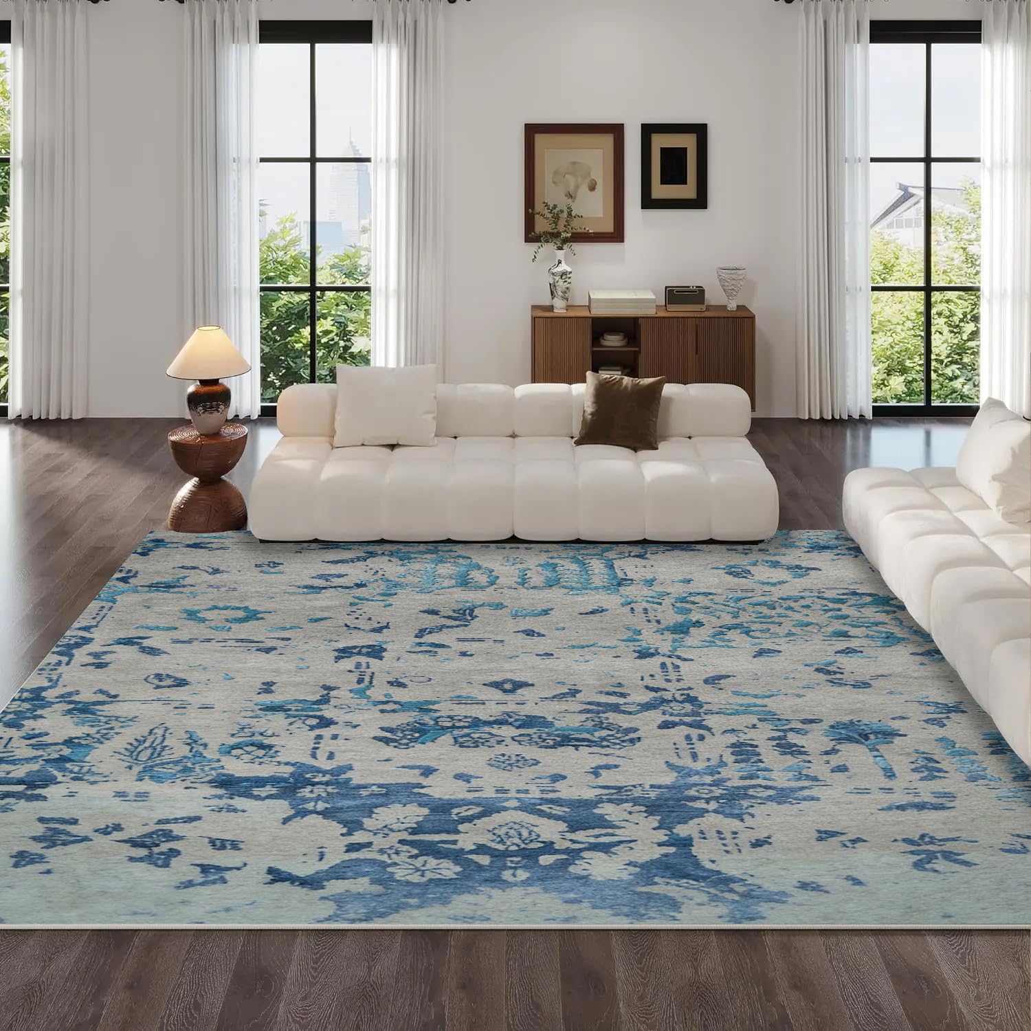 Tapis de Salon Rétro Bleu 60x90cm Tapis Chambre Doux Poils Courts