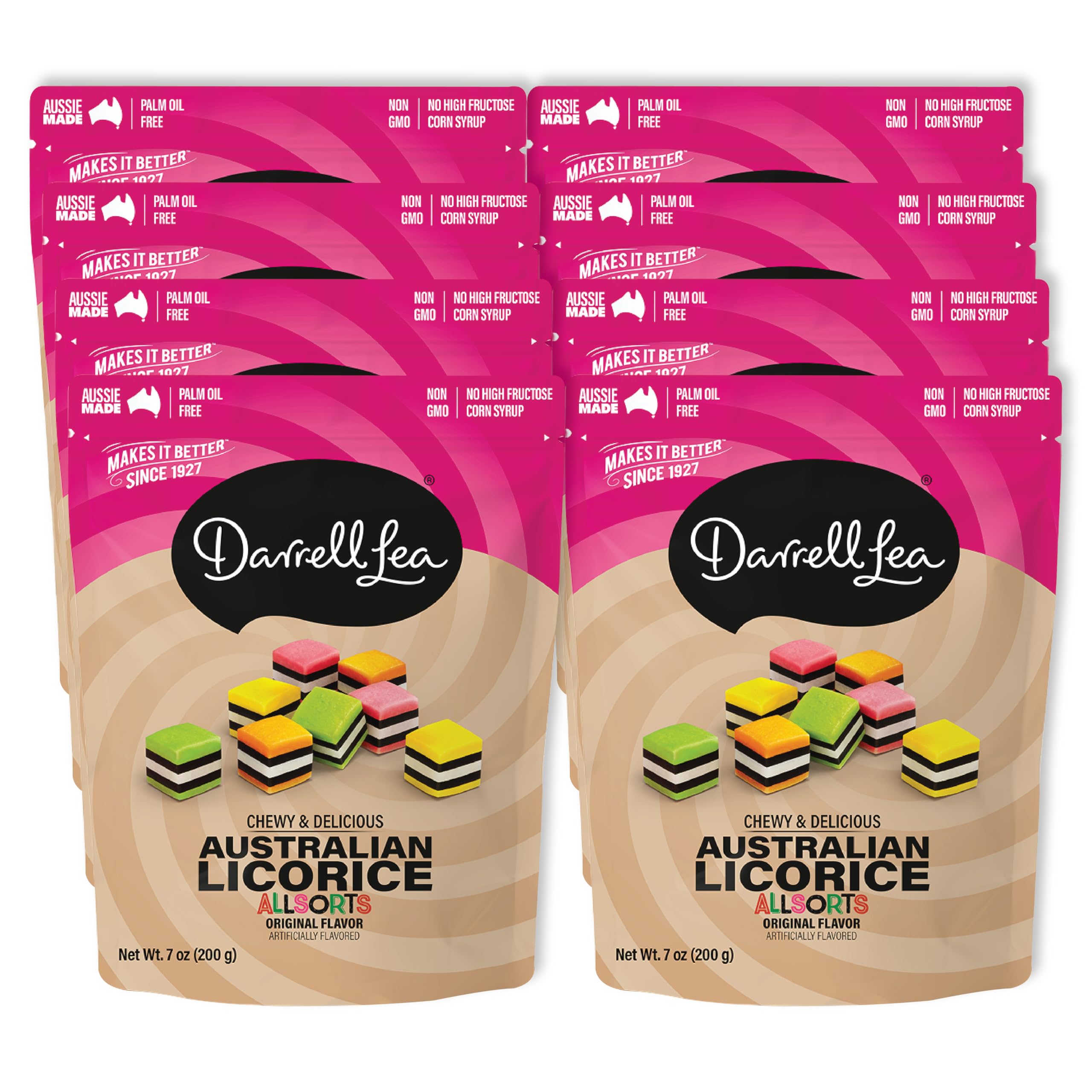 Darrell Lea Soft Australian Licorice, Non-GMO, No Palm Oil, Plant Based, No High Fructose Corn Syrup, Soft & Chewy Licorice Candy, Made in Australia (Allsorts, 7 Ounce (Pack of 8))