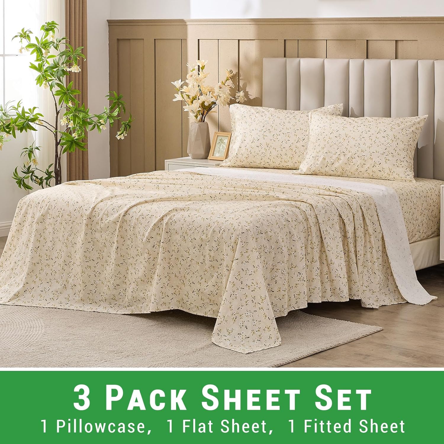 Gogreen 100% Cotton Sheet Set Queen Size, Khaki Floral, 4PC Set, Breathable Bed Sheet for Hot Sleeper and Night Sweats, Deep Pocket Up to 16 Inches