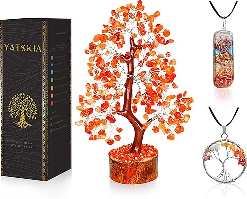 YATSKIA - Collar de árbol de la vida de cristal cornalina con colgante de orgón de siete chakras, Feng Shui, bonsái, piedra preciosa, árboles, buena
