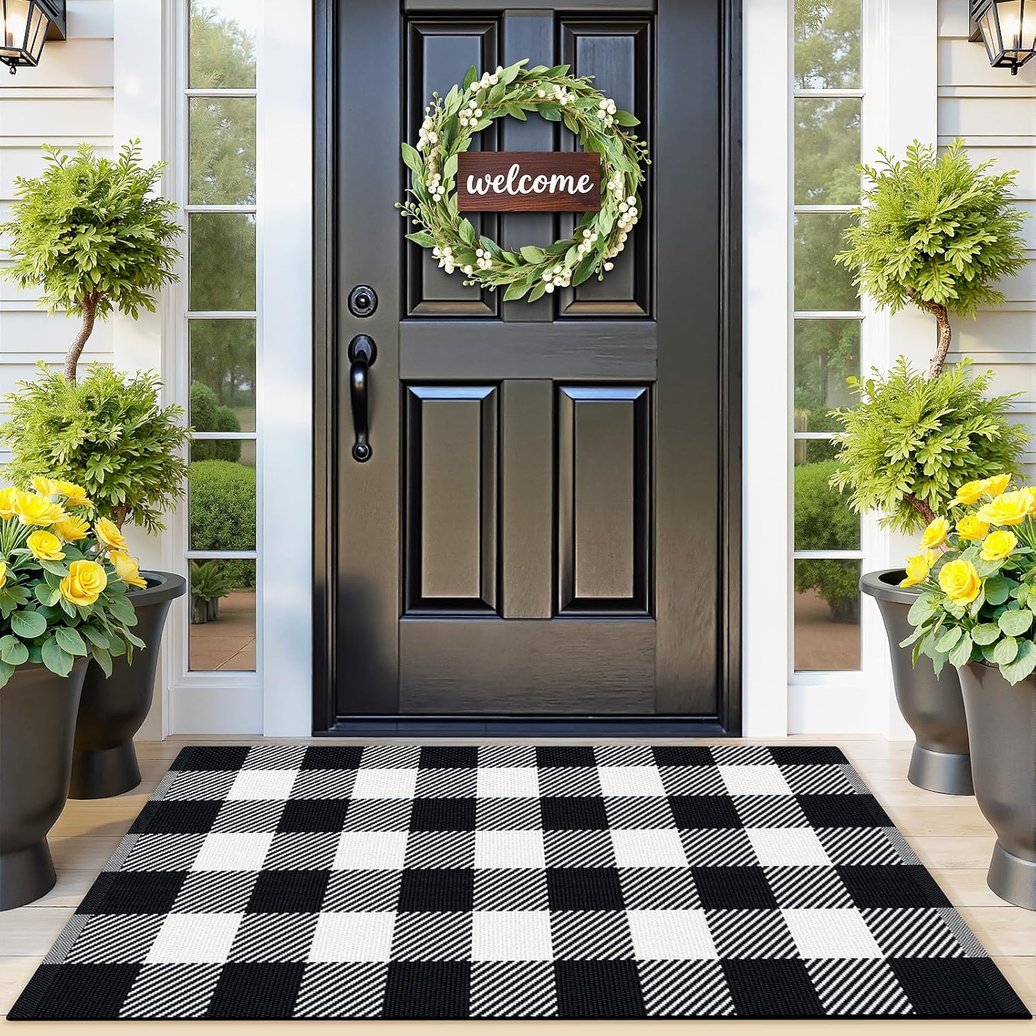 Area Rug, 2’4’’ x 3’7’’ Black and White Checkered Rug Plaid Outdoor Rugs, Soft Machine Washable Cotton Woven Welcome Mat Area Rugs for Home Decor, Bedroom, Doormat, Balcony, Porch, Patio