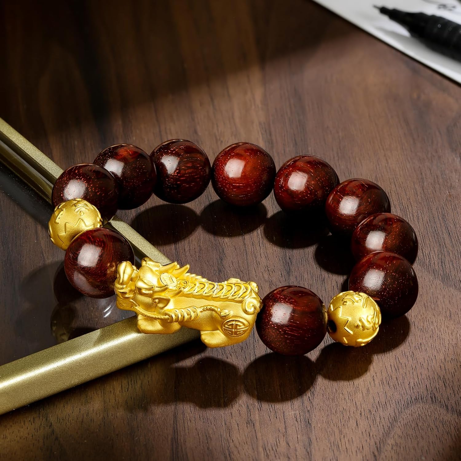 ZHOU LIU FU 24K Solid Gold Bracelet Real Pure Gold Jewelry Pterocarpus Santalinus Gold Pixiu Ball Bracelet for Men Dad Birthday Anniversary ADXY192235