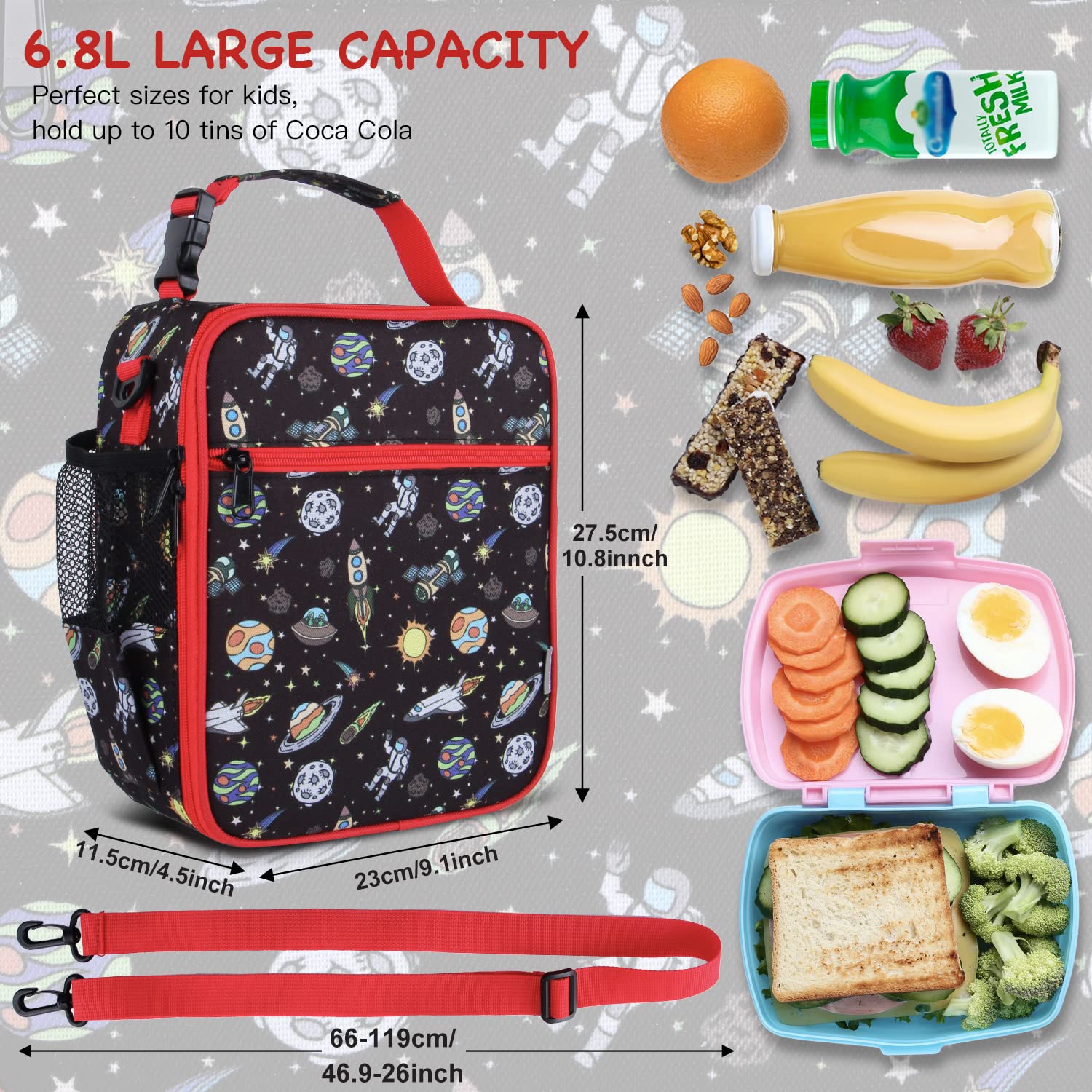 Isolierte Lunchbox-Tasche für Kinder, Thermo-Picknick-Kühltasche mit verstellbarem Riemen, für Erwachsene, Kinder, Damen, Herren, Jungen, Mädchen, Schule, Arbeit (Planet)
