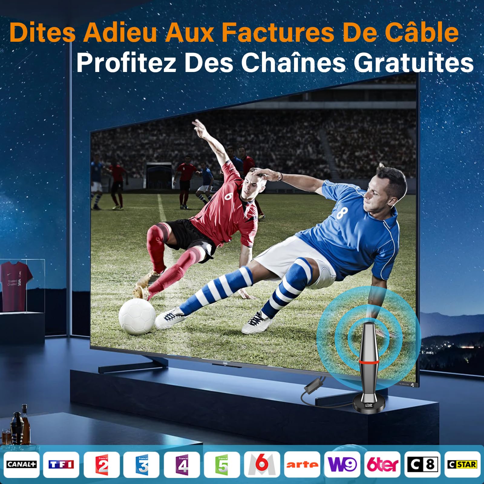 Antenne TV Intérieure Puissante TNT,Antenne TNT IntéRieur avec Amplificateur de Signal à Gain Élevé,Réception Longue Portée à 360°,Compatible avec Smart TV 4K/1080P/Tous Les TVs