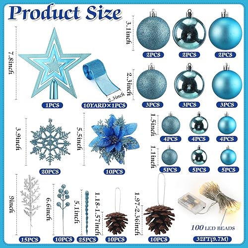 Miniatura 2 de Juego de 145 adornos para árbol de Navidad azul lago con cuerda de luz, varios adornos de bolas de Navidad inastillables, adornos de bolas de