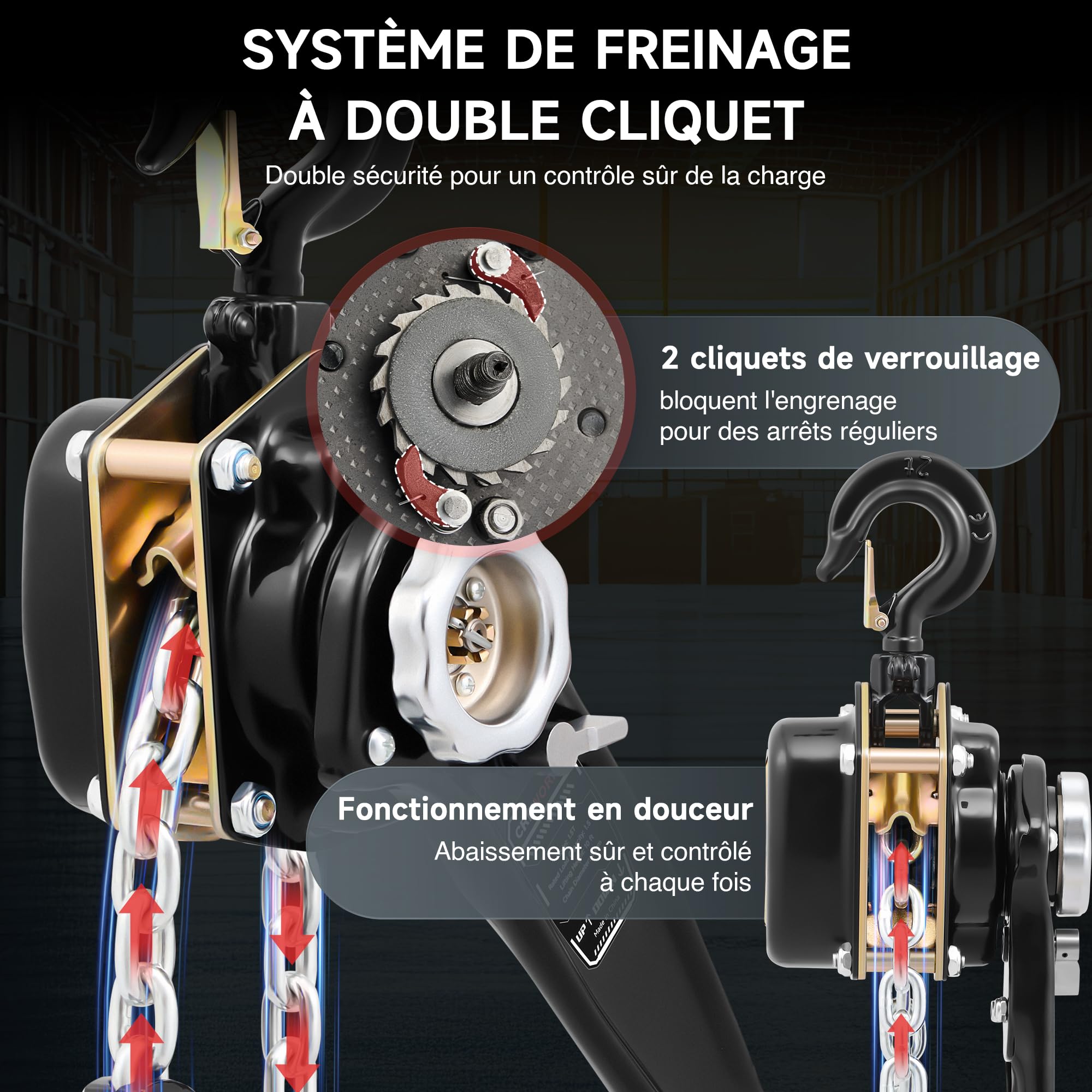CREWORKS Palan à Chaîne avec Crochet Robuste, Capacité 1,5T avec Chaîne Galvanisée G80 et Crochets Pivotants, Palan Manuel à Levier 3m pour Bâtiment Entrepôt Usine Automobile