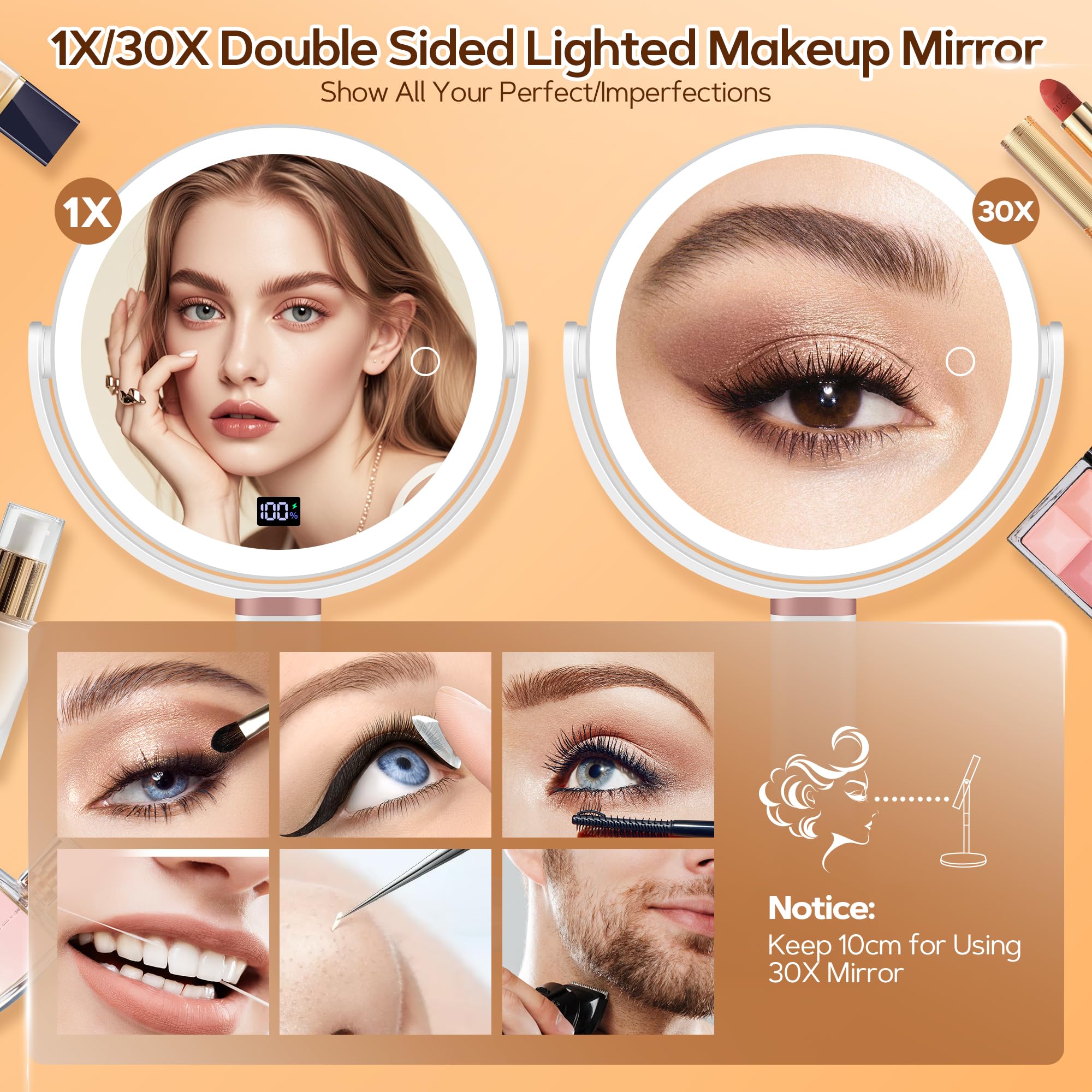 B Beauty Planet Espejo Maquillaje con Luz, 30X/1X Espejo Aumento con Luz, Doble Cara, Espejo de Maquillaje Iluminado Pinzas, 3 Modos de Color con Brillo y Altura Ajustable (Blanco)