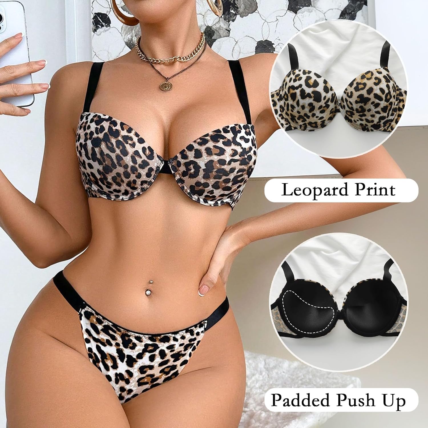 Viomisha Women's Leopard Print Lingerie Set Push-Up Bra and Thong Padded Underwire With Adjustable Straps