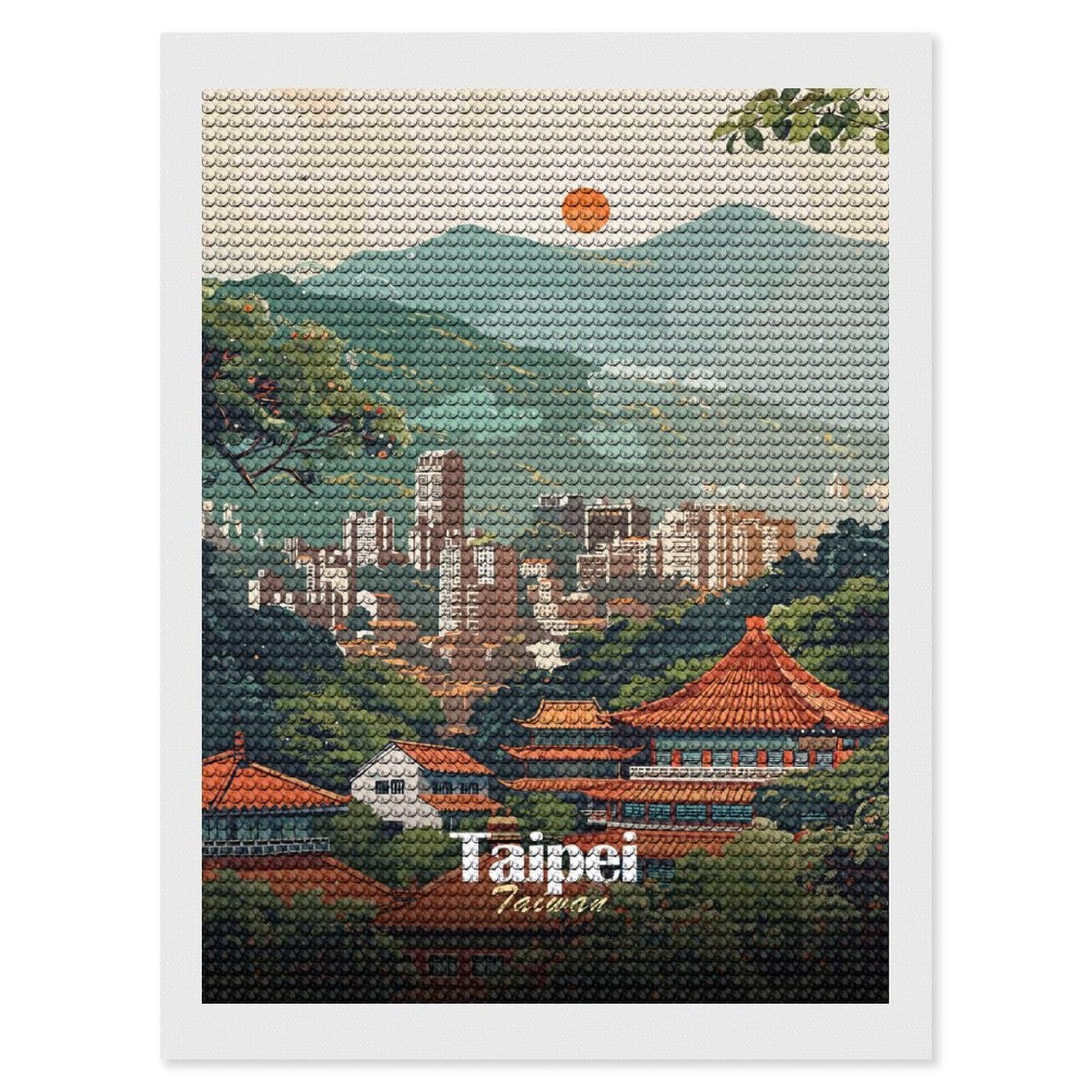 Junmoney Taipei Cityscape Illustration Diamond Painting Canvas Kit 12"x16", Adhesive Canvas, Living Room Decor, Farmhouse Decor, Winter Craft