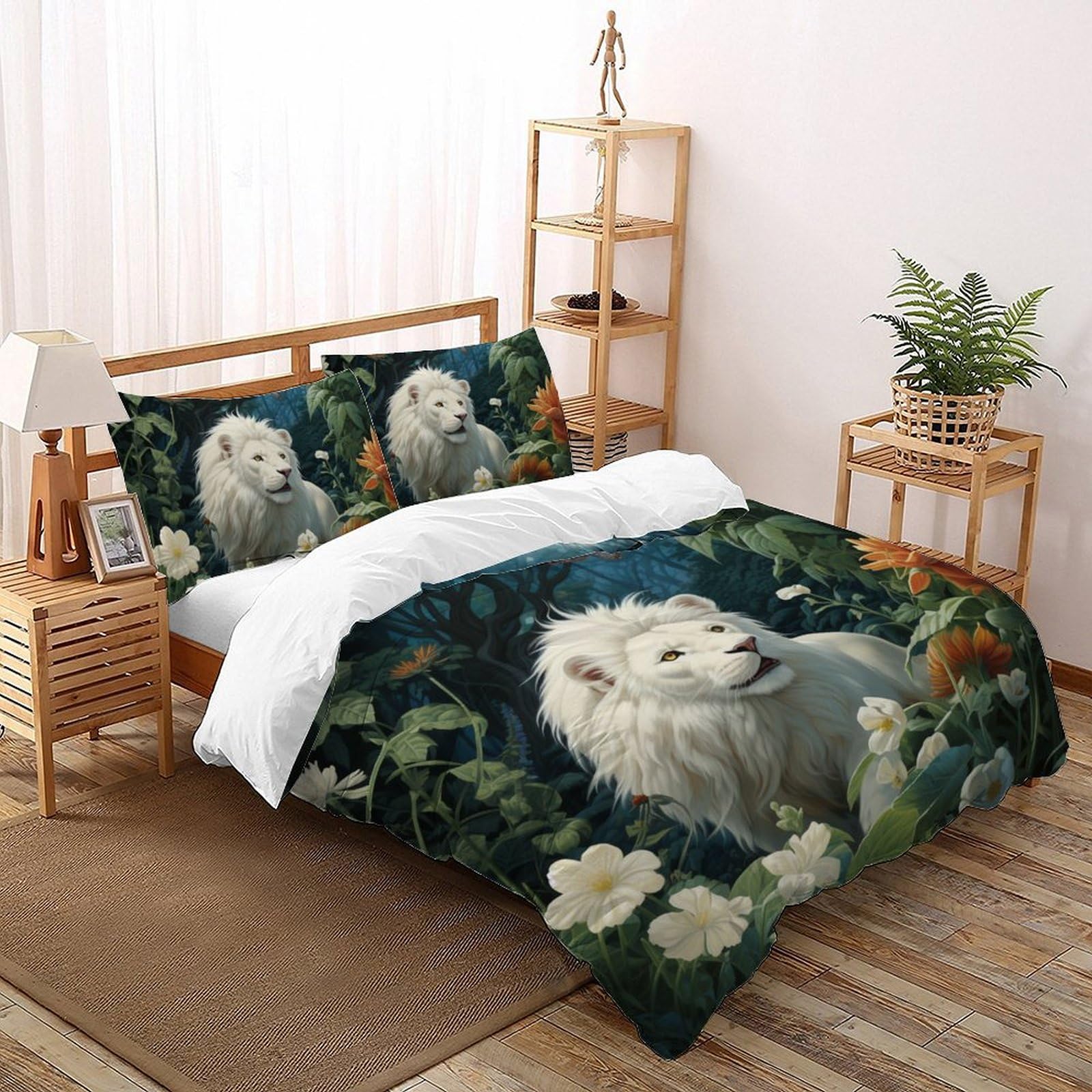Parure de lit lion blanc en microfibre housse de couette double 200x200 cm avec 2 taies d'oreiller