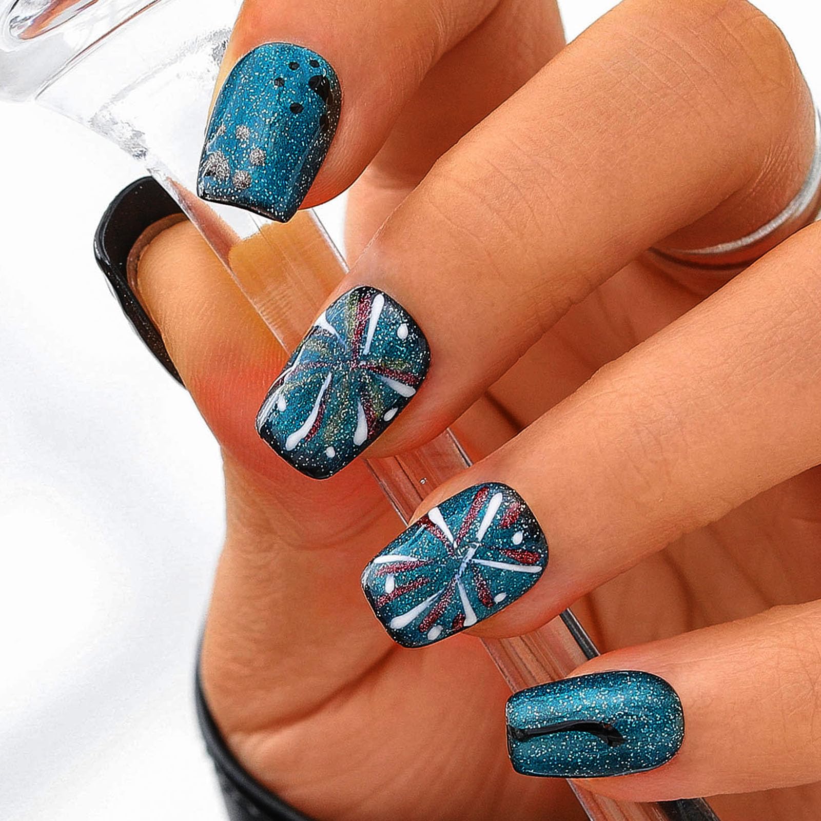 Sethexy Blue Cat Eye Handmade Press On Nails Short Coffin Acrylic False Nails with Design Glossy Hand-painted Salon Fake Nails for Women and Girls 10PCS (Blue4) - Image 2