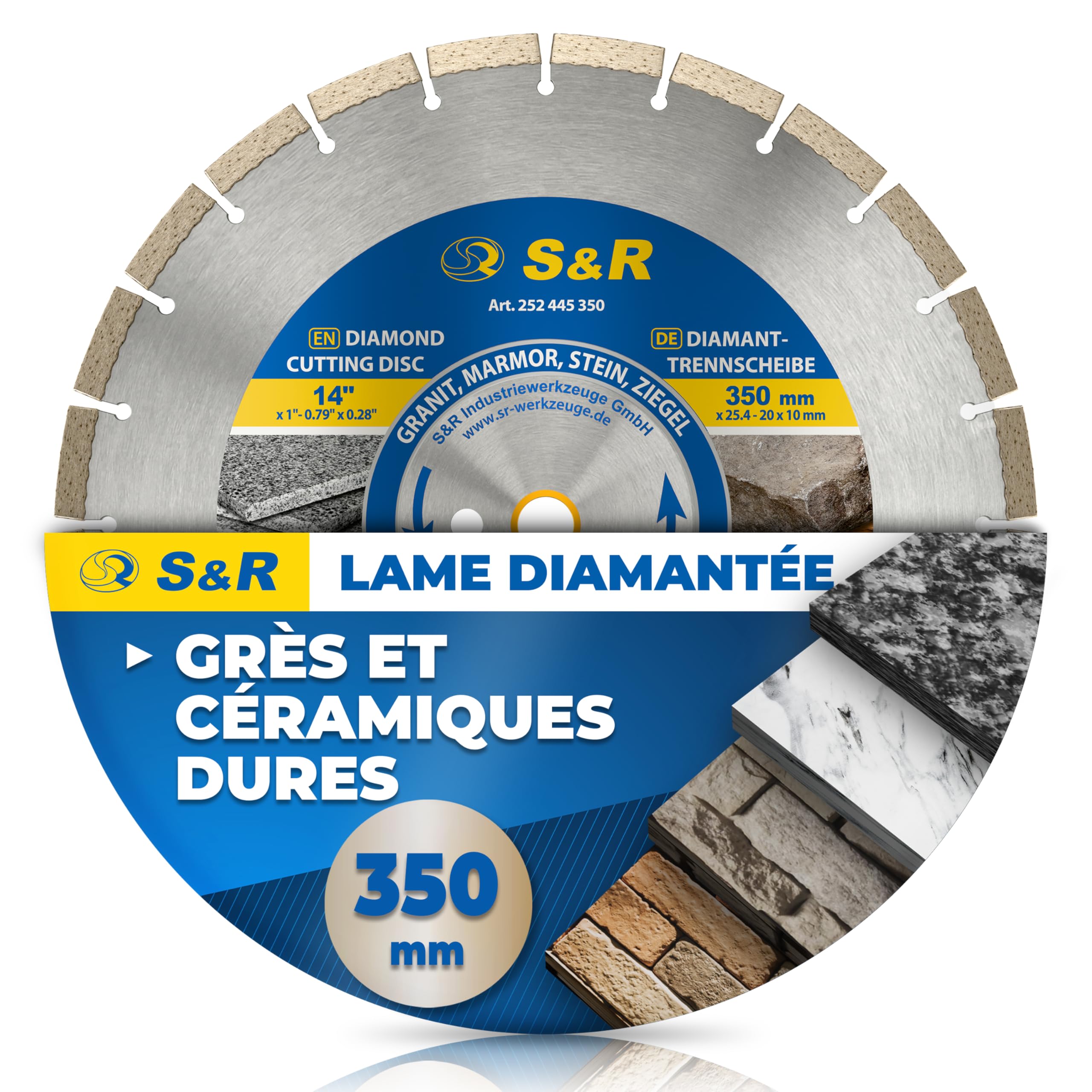 S&R Disque Diamant 350 à Tronçonner Granit, Béton, Marbre, Maçonnerie, Briques. Lame de coupe à segments professionnelle pour meuleuse et scie de table