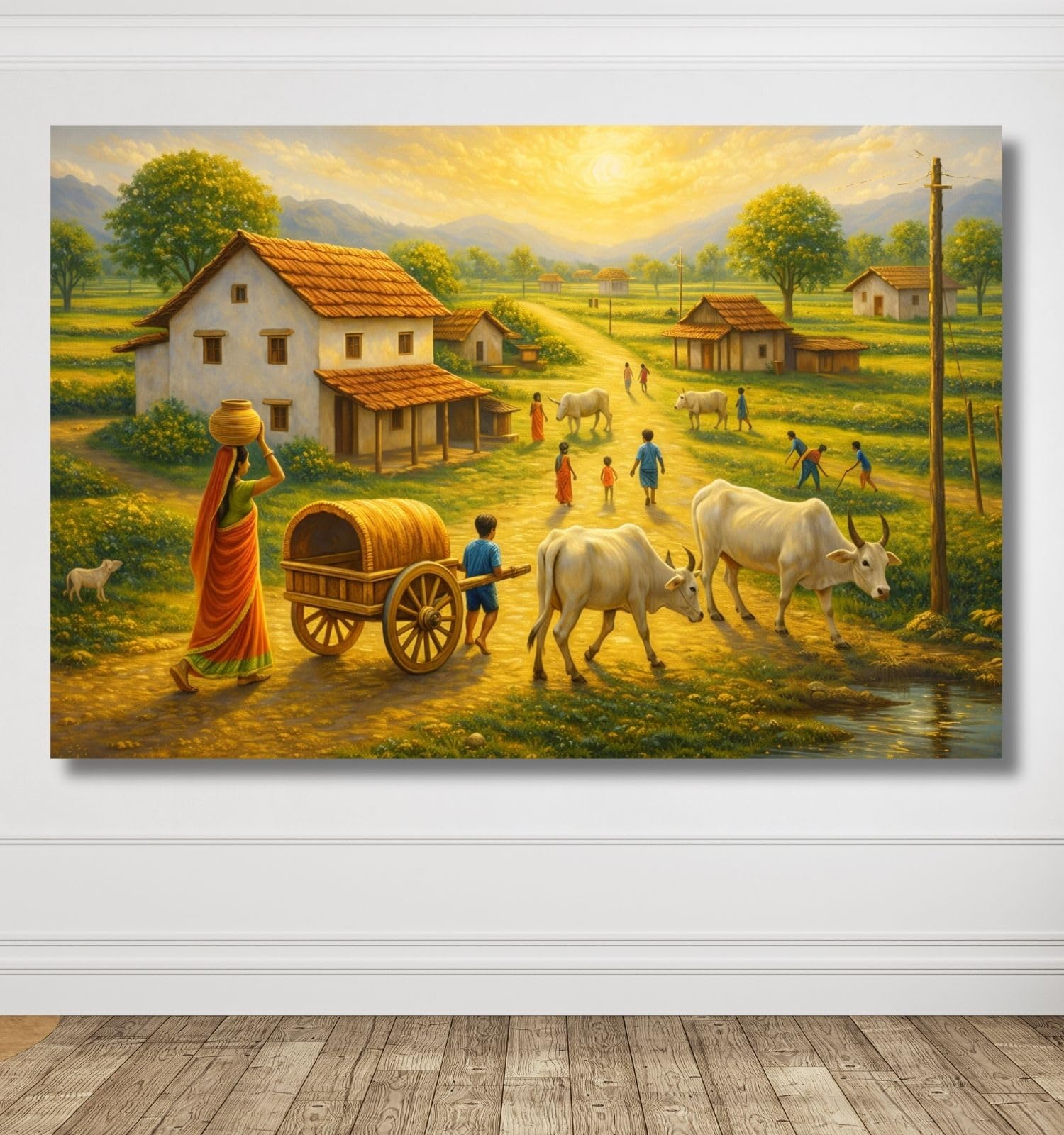 Village Scene Painting (24x36 Inch) Traditional Indian Rural Life Artwork with Sunset & Bullock Cart | Village Scene Painting Vastu West Zone Wall (WITHOUT FRAME/ONLY PRINT)-image-46