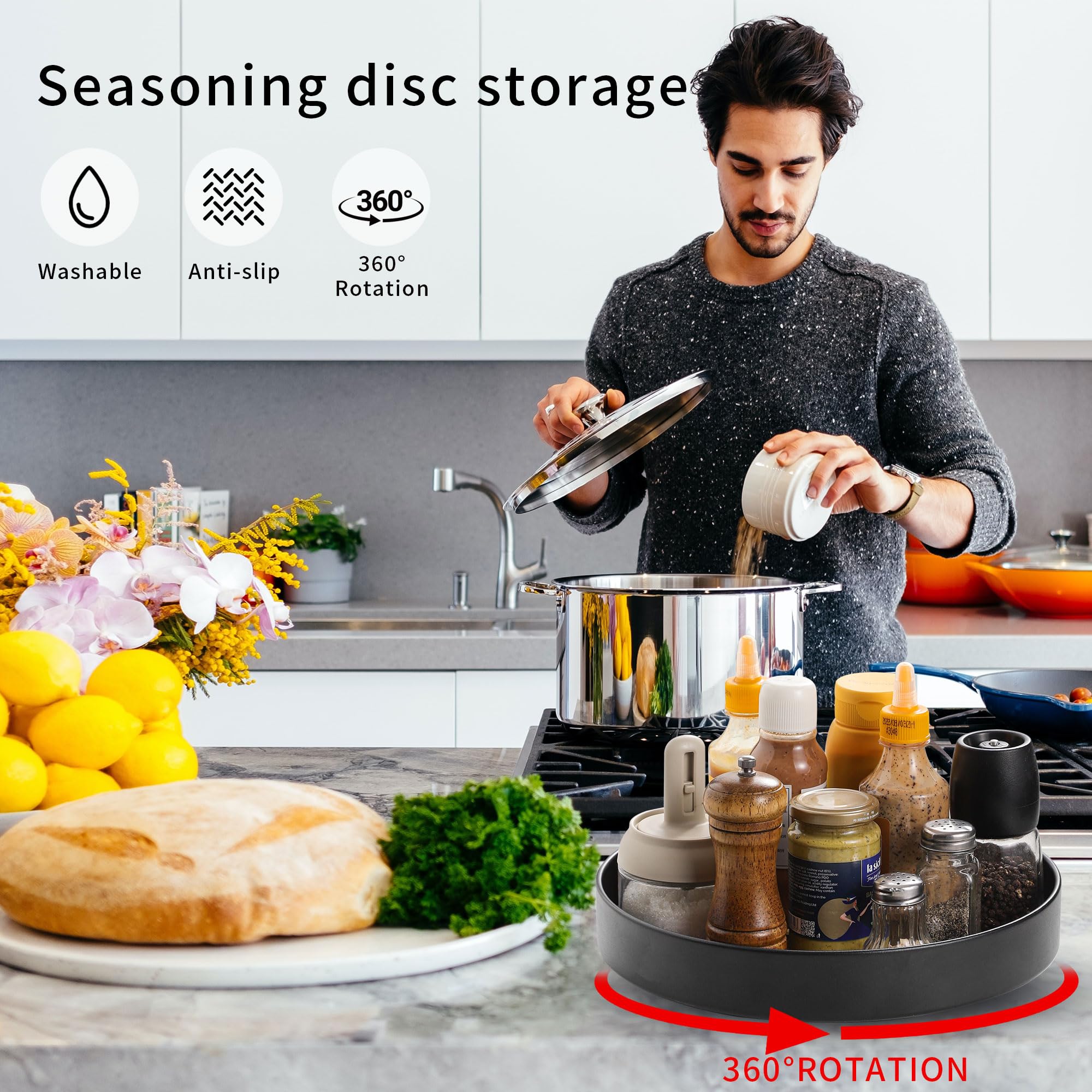 Plateau tournant Lazy Susan antidérapant, pivotant à 360 degrés, noir avec surface texturée (noir, 25,4 cm + 30,5 cm)