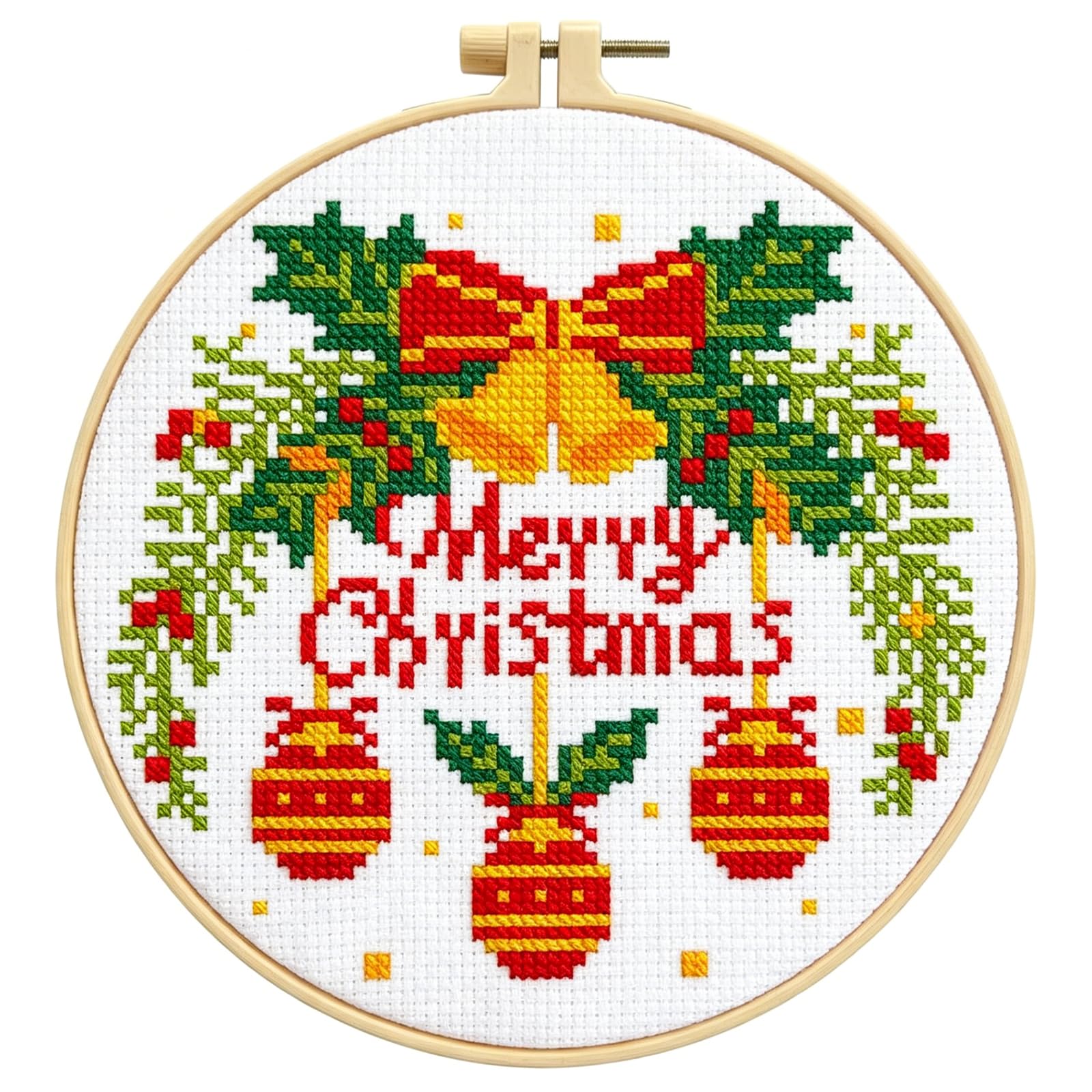 Zhenqing Christmas Bells Cross Stitch Kit with Hoop - 11CT Pre-Printed 24x24cm Fabric &amp; Complete Tools for Beginners (68348)