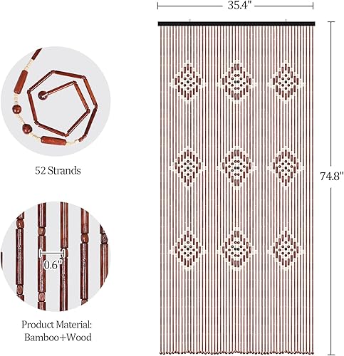 Miniatura 4 de Cortina de cuentas de bambú, cortina bohemia con cuentas de 52 hebras de 35.4 x 74.8 pulgadas, cortina de madera natural para puerta, cortina de