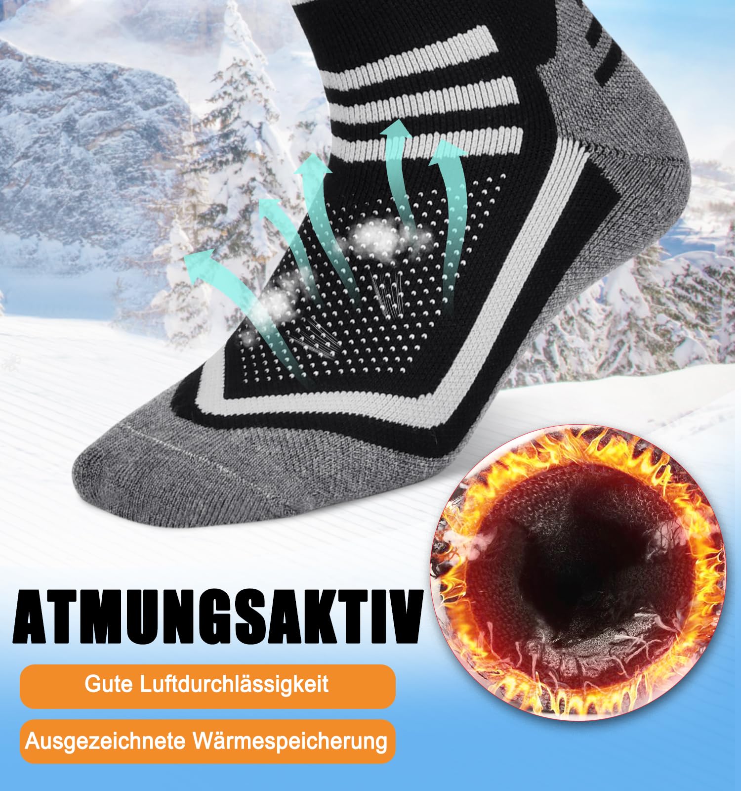 LUROON Chaussette de Ski en Laine Mérinos pour Homme, 2 Paires Longues Thermique Chaussettes Hautes Chaussette Chauffe-Pieds pour Sport Cyclisme Randonnée Ski
