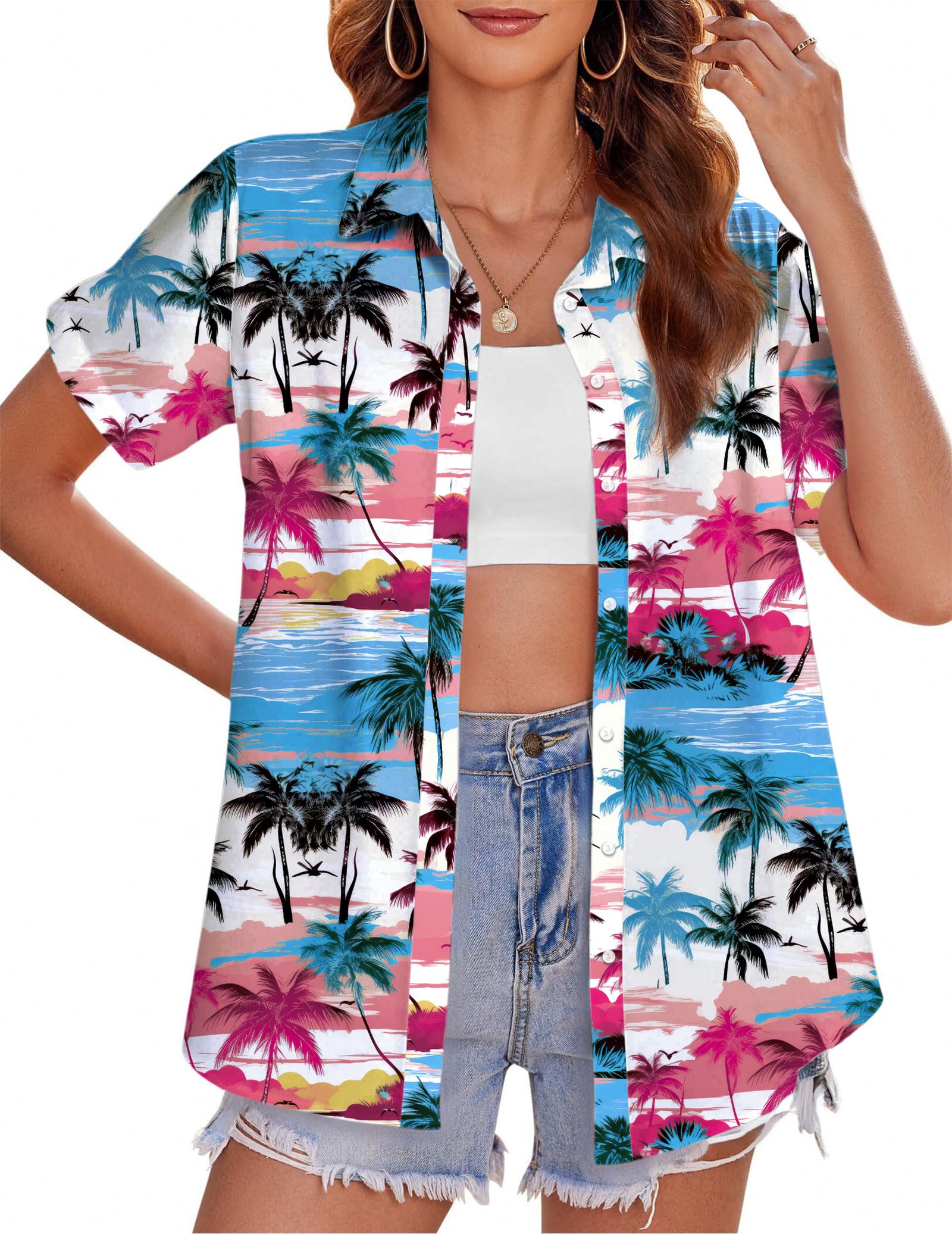 tiorhooe Camicia hawaiana da donna con albero tropicale a maniche corte, abbottonatura estiva, spiaggia, vacanza