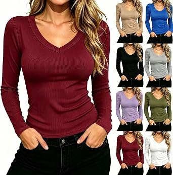 Langarmshirt Damen Stretch Gerippt Pullover Elegant Einfarbig Longshirt Langarm V-Ausschnitt Feinstrickpullover Slim Fit Unterziehhirt Weiche Baumwolle Rippshirt Teenager Mädchen Y2K Streetwear