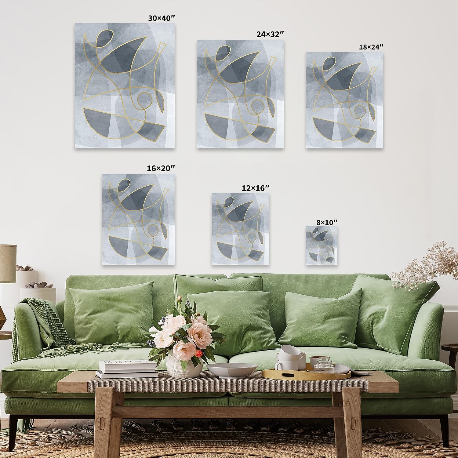 Poster Master Abstract Blue Canvas - Gold Lines Print - Abstract Contemporary Art - Graphical Design - Modern Chic Boho Art - Aesthetic Bedroom or Living Room Wall Decor - 8x10 STRETCHED Canvas