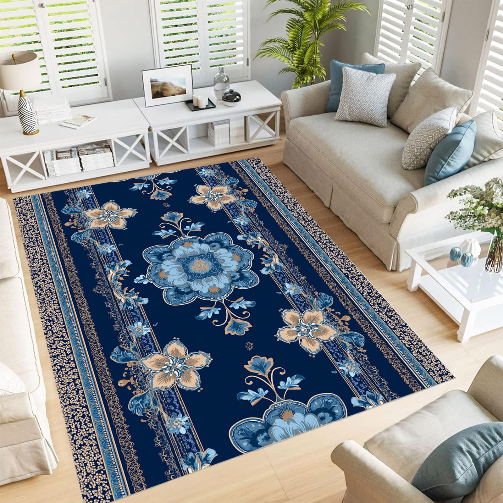 Tapis fleurs ethniques lavable antidérapant pour salon et cuisine