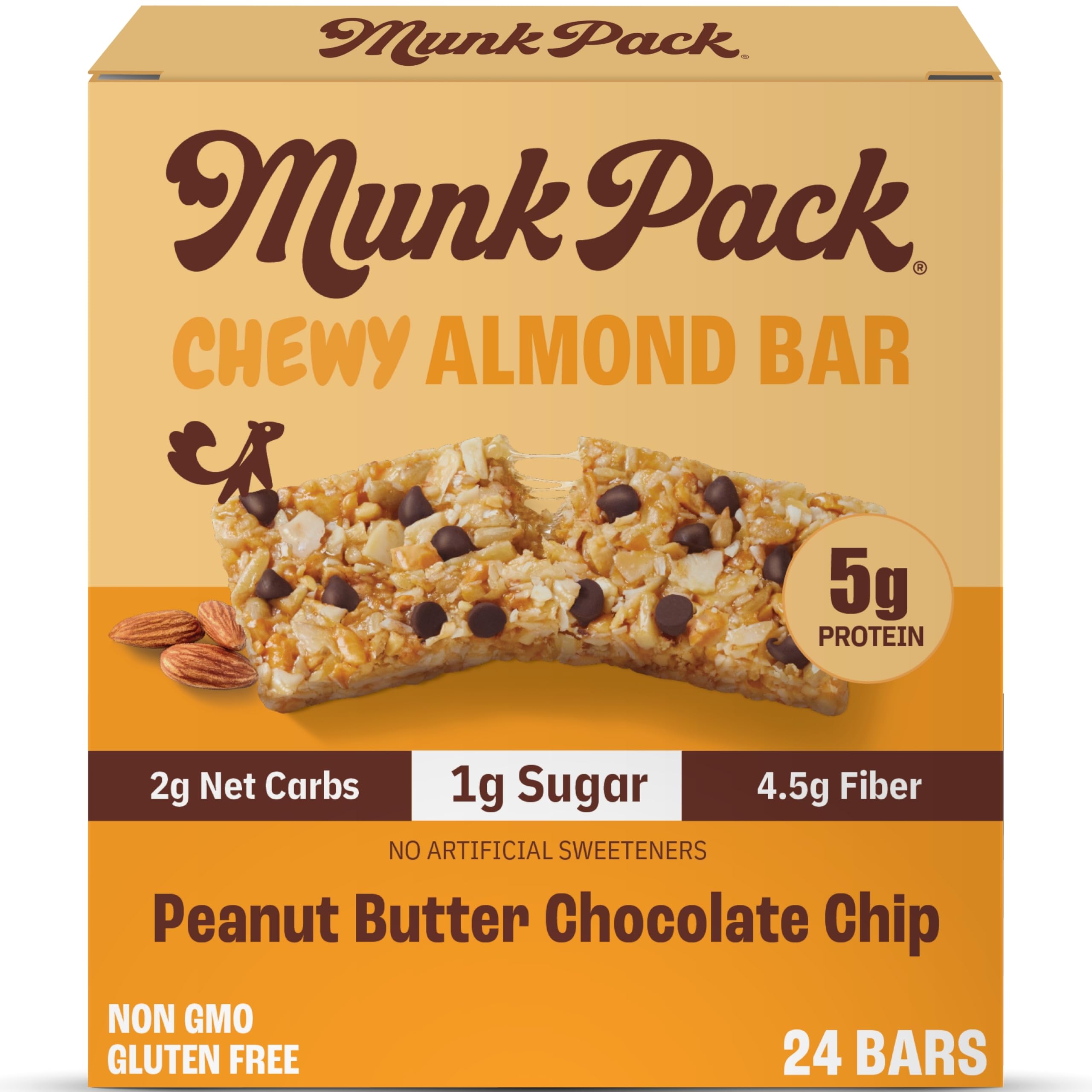 Munk PackChewy Almond Bar 5g Protein 1g Sugar 2g Net Carbs Low Carb Keto and Gluten Free Grain Free Snack for Adults and Kids Zero Added Sugar Plant Based Peanut Butter Chocolate Chip 24 Pack
