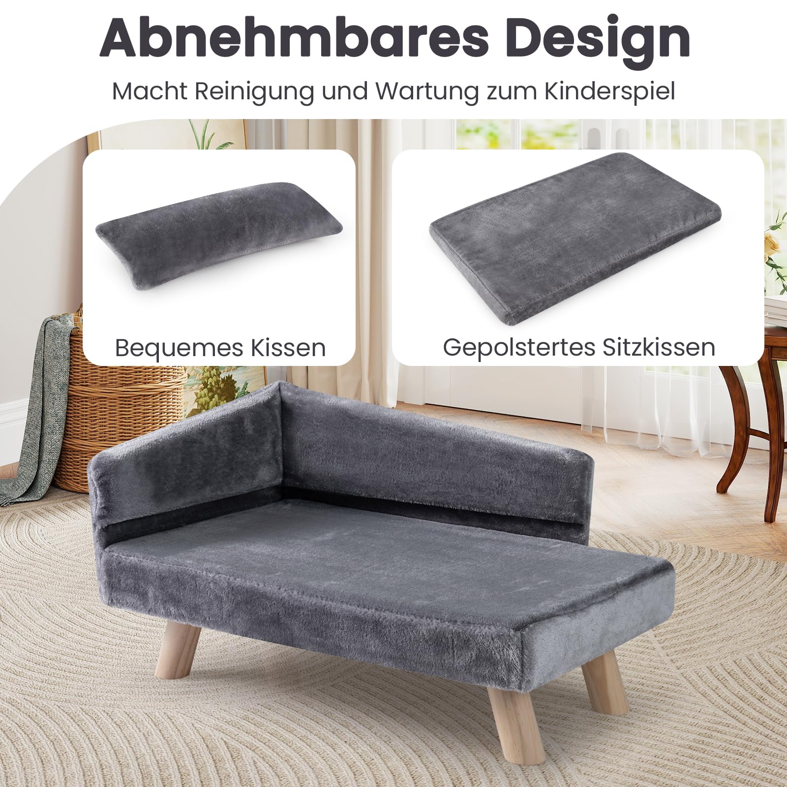 GYMAX Hundesofa erhöht, Katzensofa mit Rückenlehne, Kiefernholzbeinen & abnehmbaren Kissen, Haustiersofa für mittlere Hunde unter 50 kg, Hundebett, Hundecouch, 81 x 51 x 47 cm (Grau)