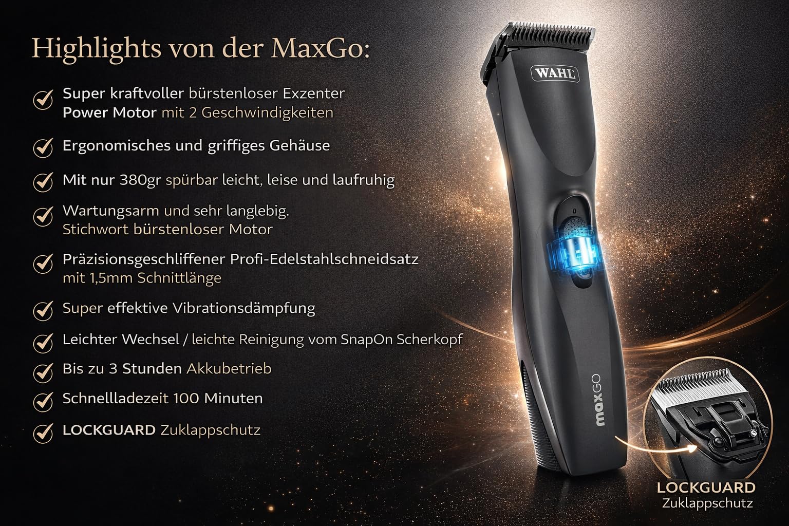 Rotschopf24 Edition: Profi Schermaschine Max Go + acht Metallaufsätze! Bis zu 3 Std. kabellos arbeiten. Sehr gute Qualität!! Für Wahl Hundeschermaschinen Liebhaber